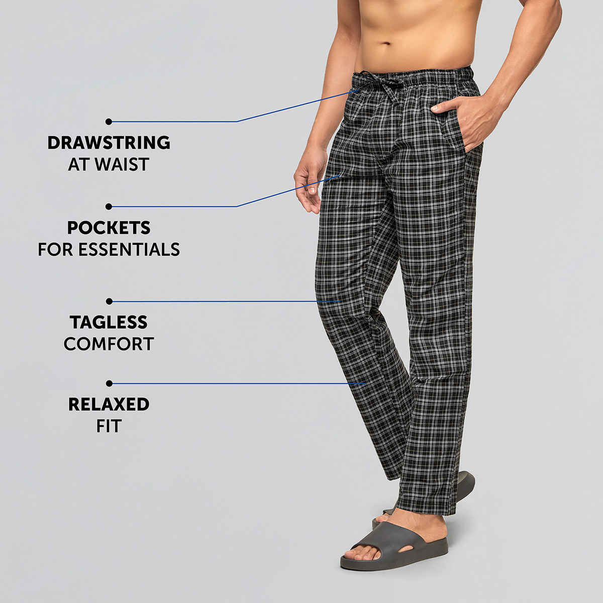 XYXX Checkmate 100% super combed cotton Checks Pyjama Relaxed Fit | 2 Side pockets | Black- XL