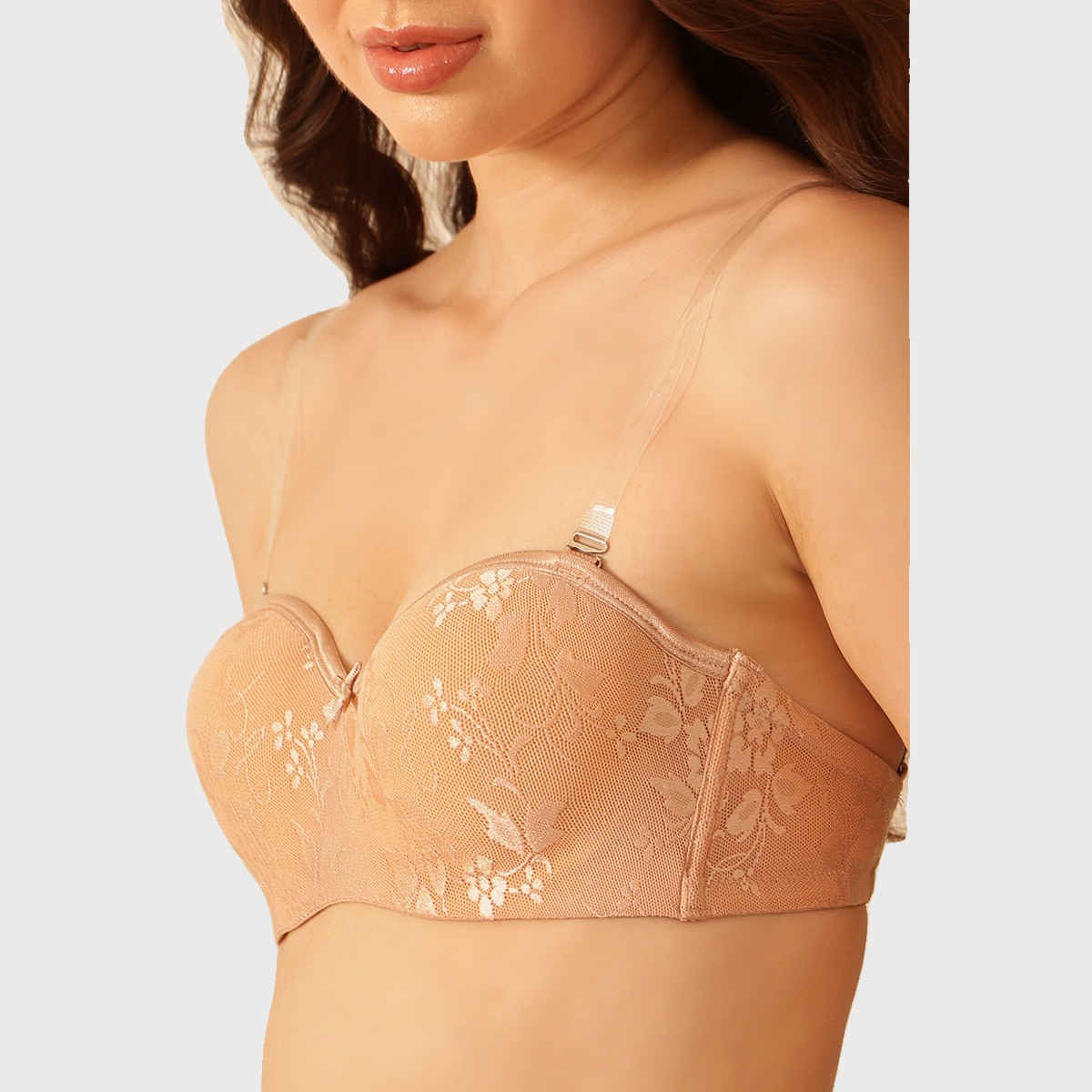 Clovia Women Padded Underwired Full Coverage Strapless Bra - Lace | Beige | 32D