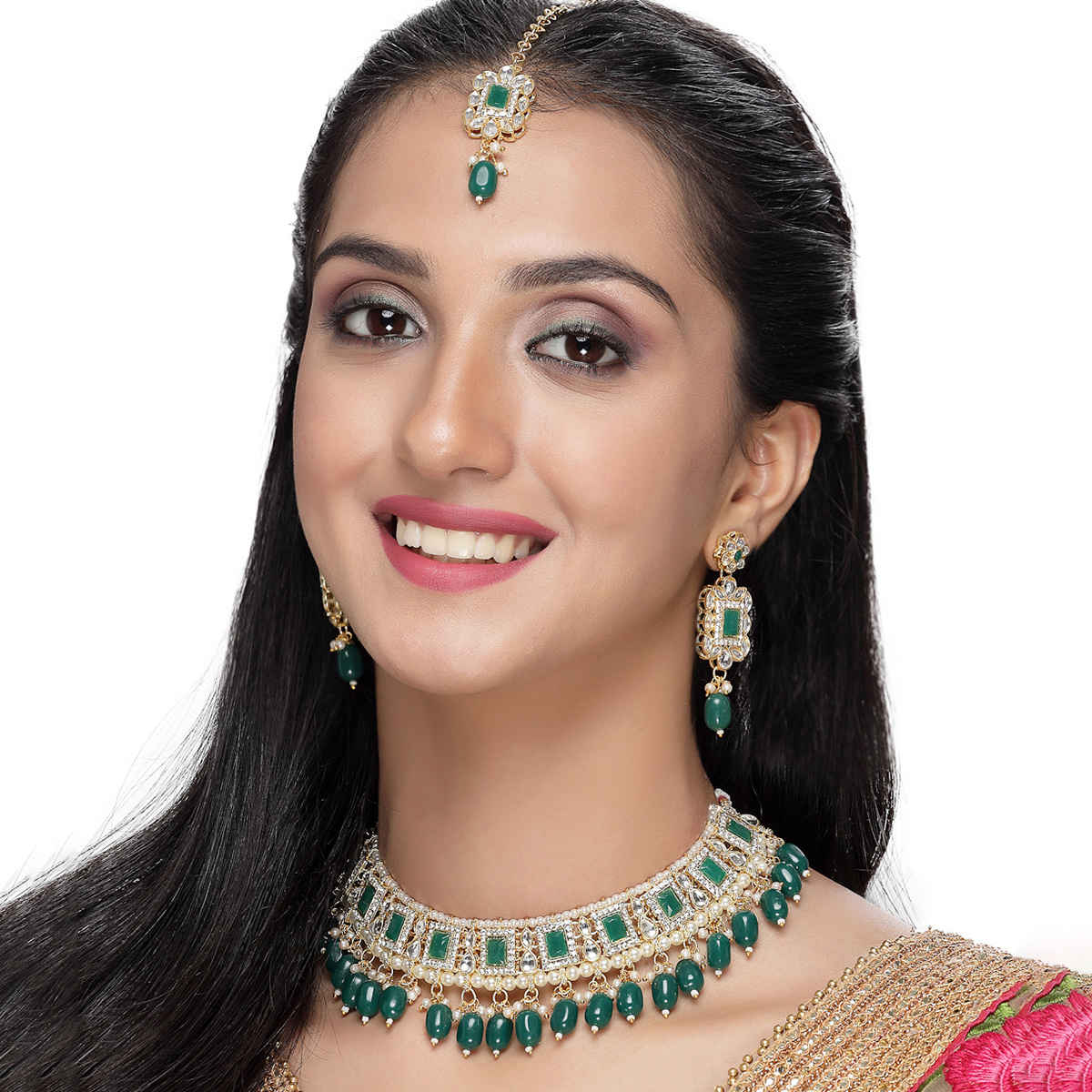 Sukkhi Glitzy Gold Plated Green Kundan & Beads Studded Choker Necklace Set