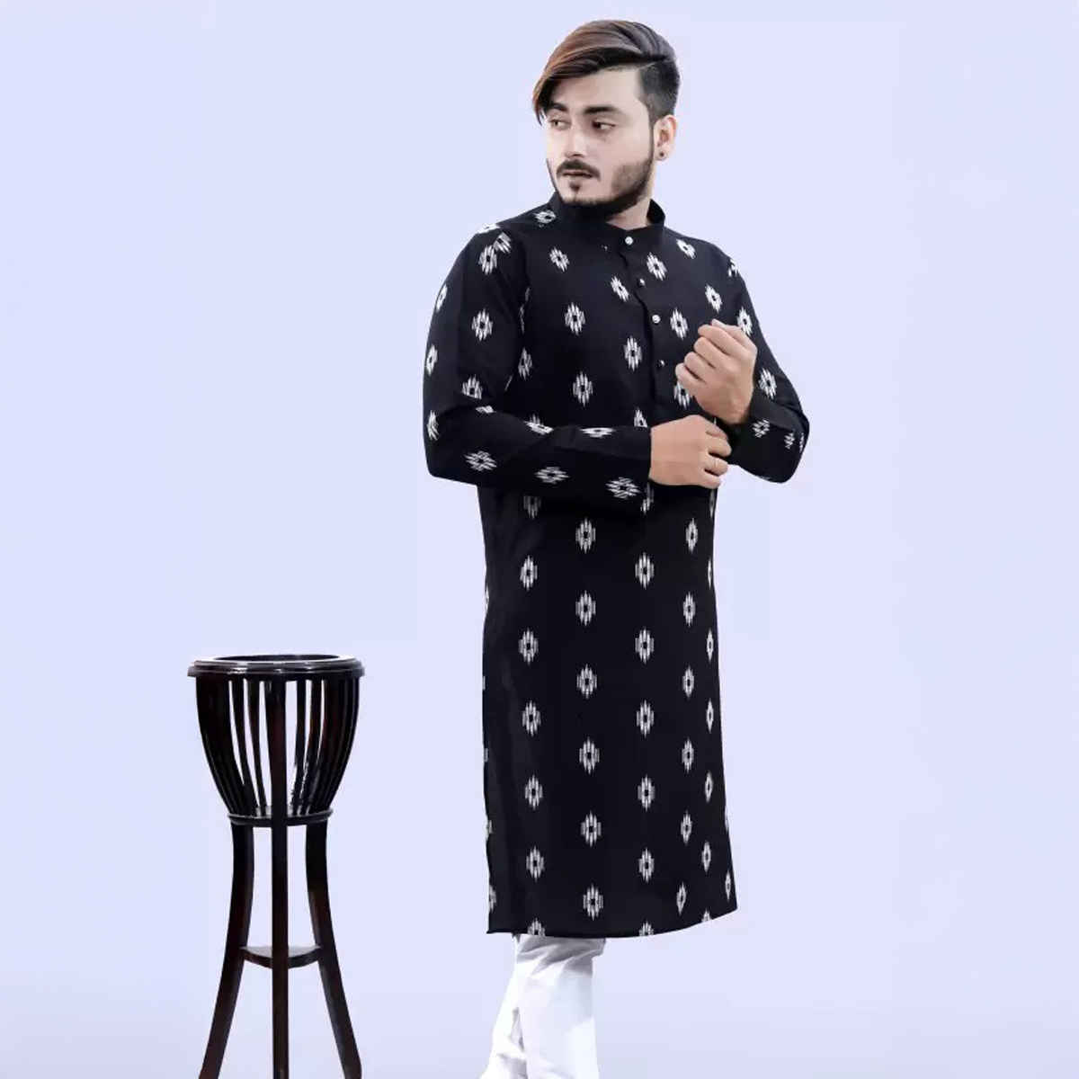 Tibra Collection Men Straight Kurta - Black | Printed | Cotton Blend | L