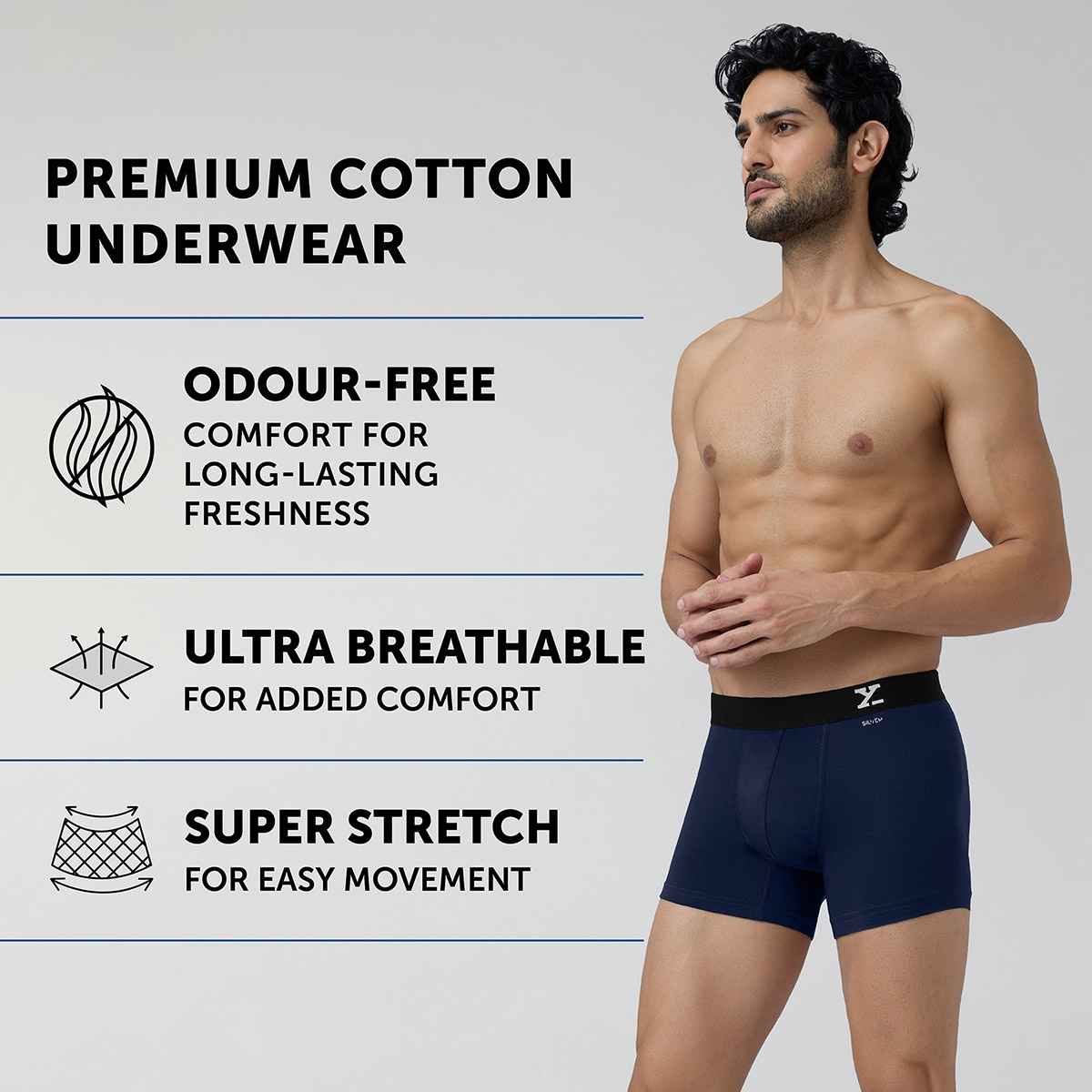 XYXX Men's Aero Cotton Solid Trunks Pack of 2, Midnight Blue & Frost Grey| M