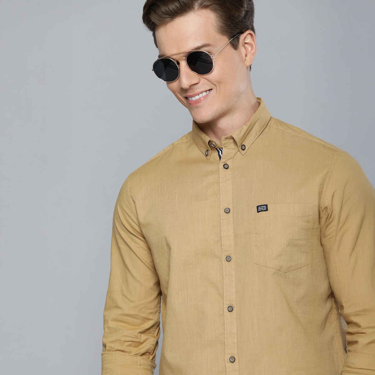 The Indian Garage Co Men's Slim Fit Solid Casual Shirt | Khaki - M