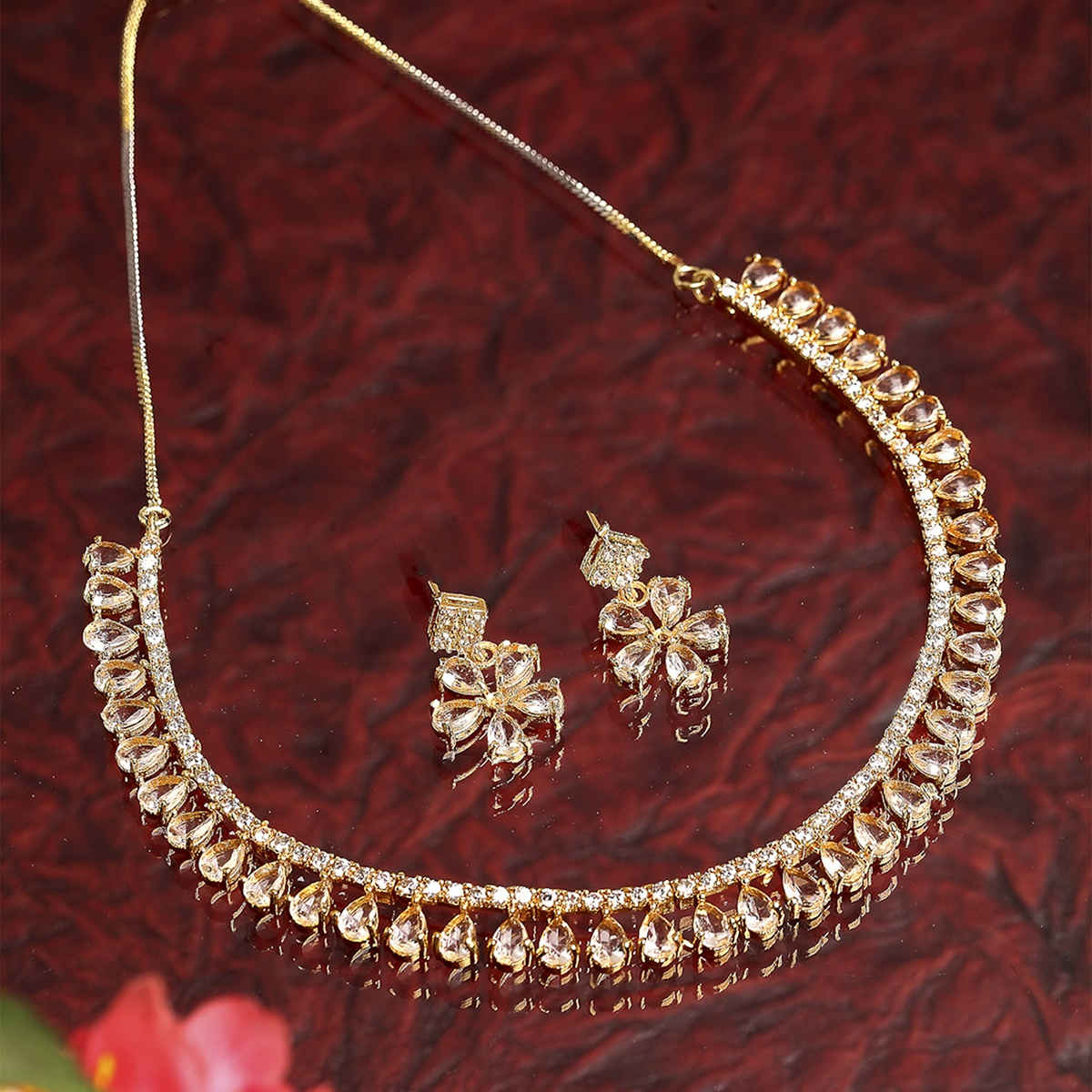 Zeneme Gold-Toned & Plated American Diamond Studded Jewellery Set For Women & Girls