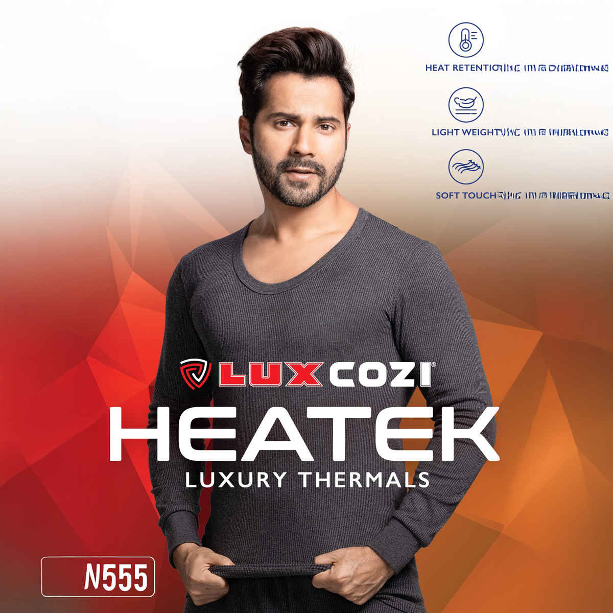 Lux Cozi Men's Heatek Thermal Comfort, Stretchable & Super Warm V-Neck Top | Black Melange-100