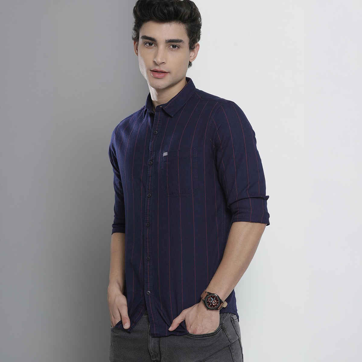 The Indian Garage Co Men's Slim Fit Checkered Casual Shirt | Navy Blue - XL