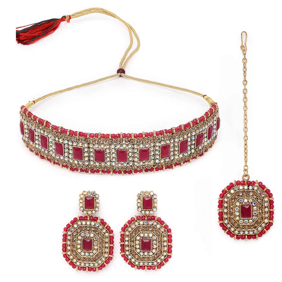 Sukkhi Inspiring Gold Plated Rani Pink Kundan & Beads Studded Collar Necklace Set