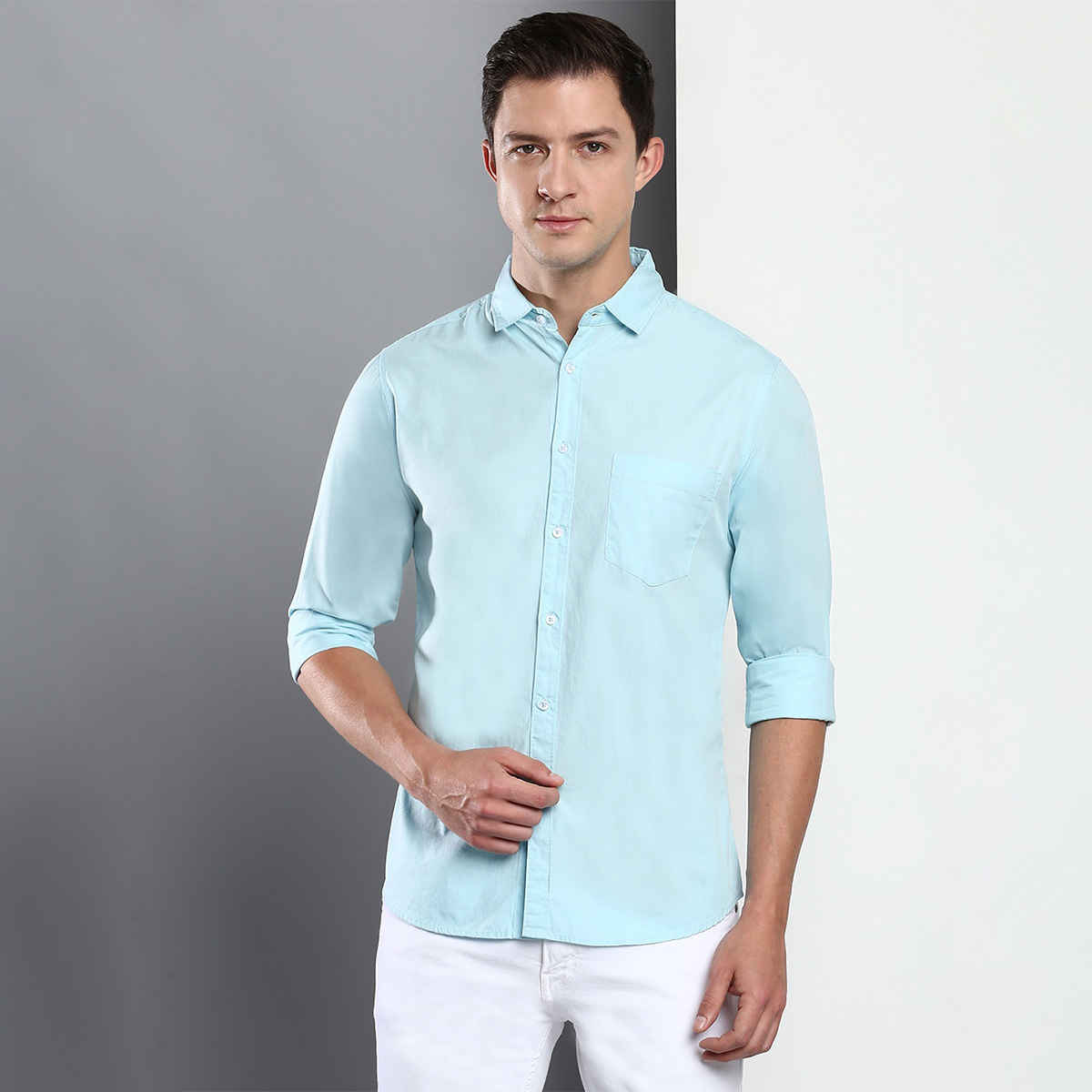 Dennis Lingo Men's Cotton Solid Slim Fit Casual Shirt | Turquoise Blue | L