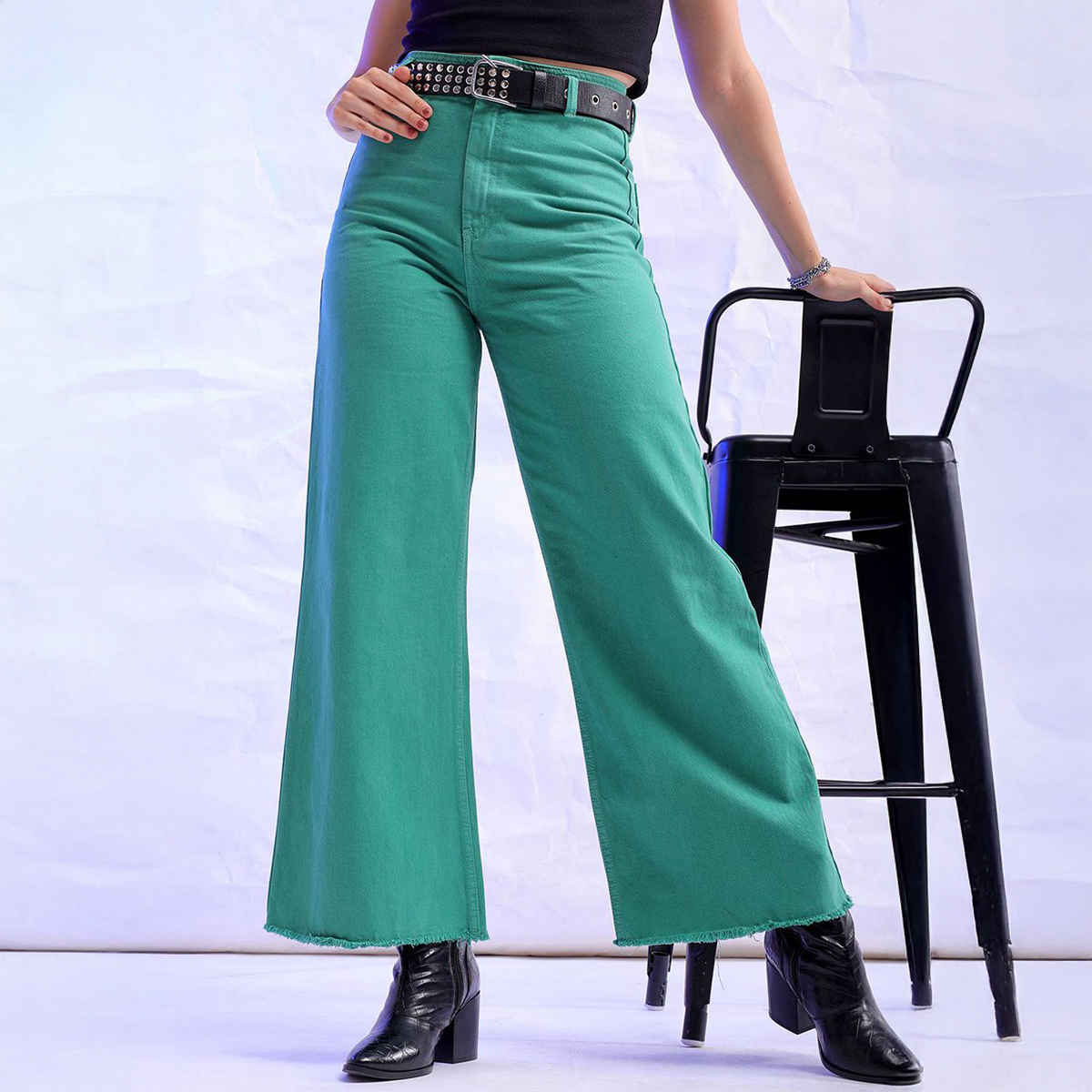 Freehand Women's High Rise Clean Look Over Dyed Bootcut Raw Edge Jeans | Green - 32