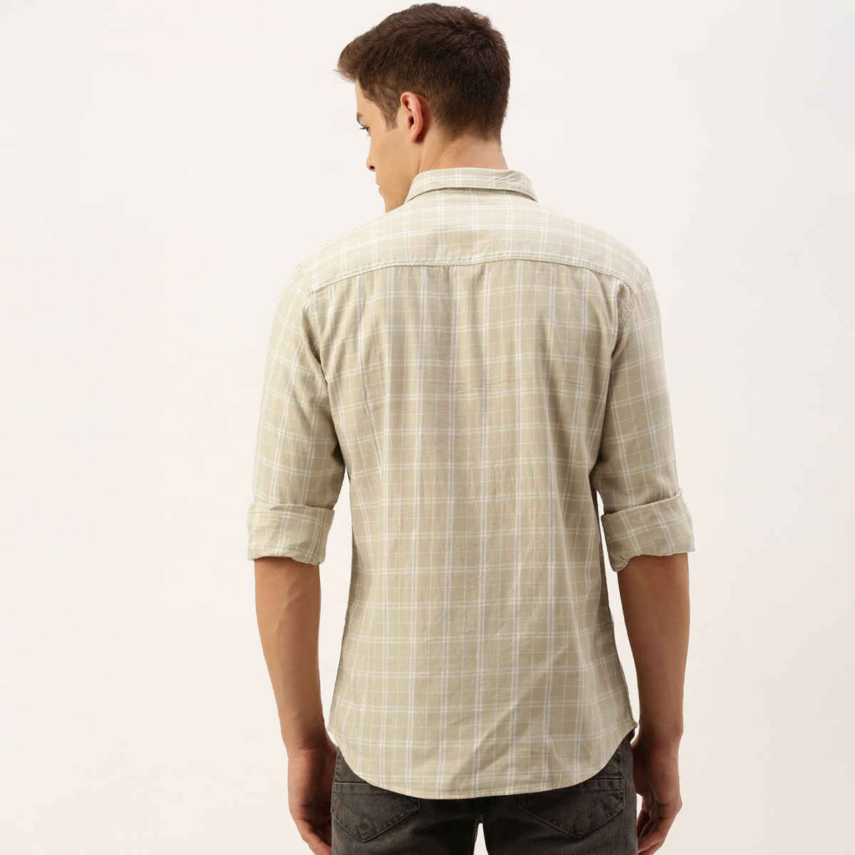 The Indian Garage Co Men's Slim Fit Checkered Casual Shirt | Beige - S