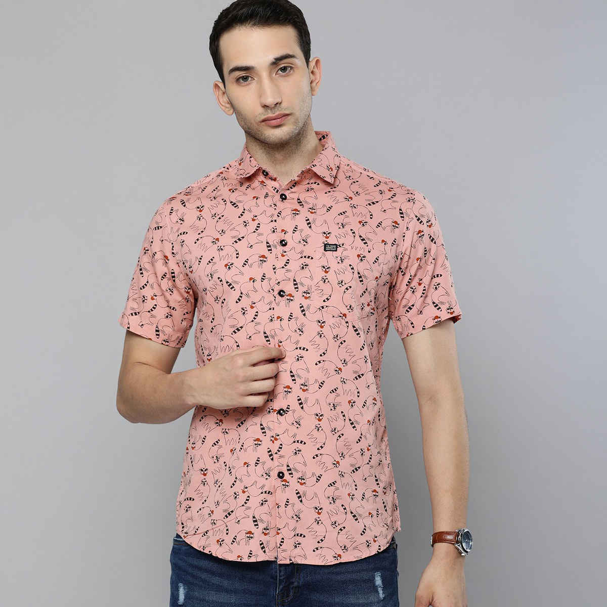 The Indian Garage Co Men's Slim Fit Animal Print Casual Half Sleeve Shirt | Pink - XL