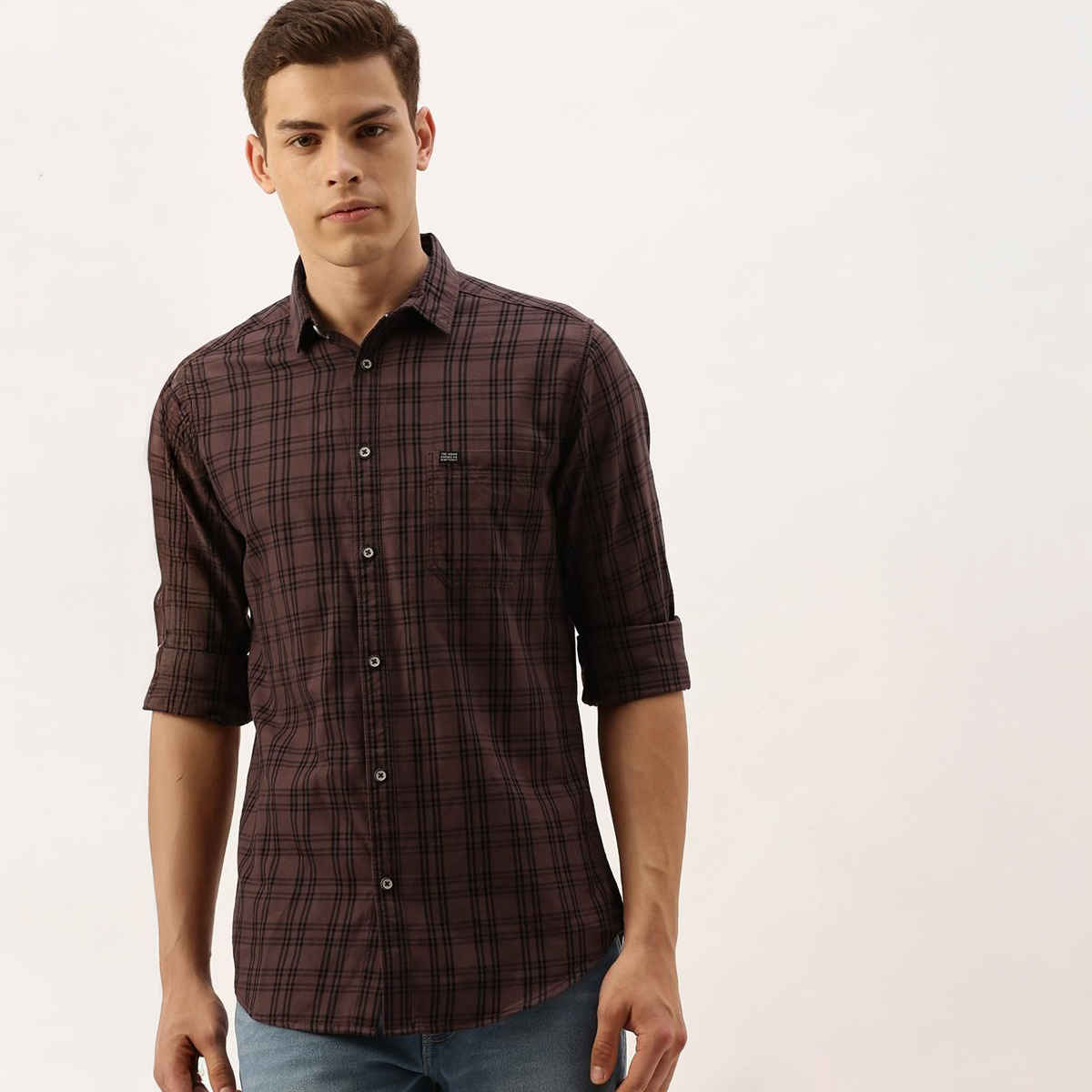 The Indian Garage Co Men's Slim Fit Checkered Casual Shirt | Brown - S