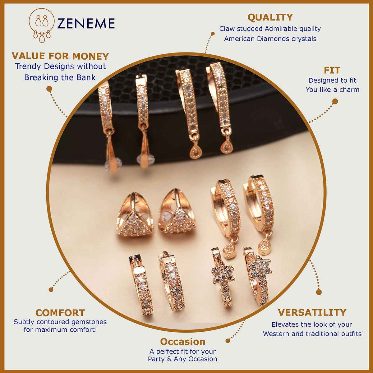 Zeneme Pack Of 6 Rose Gold-Plated Teardrop Shaped Drop Earrings For Women & Girls