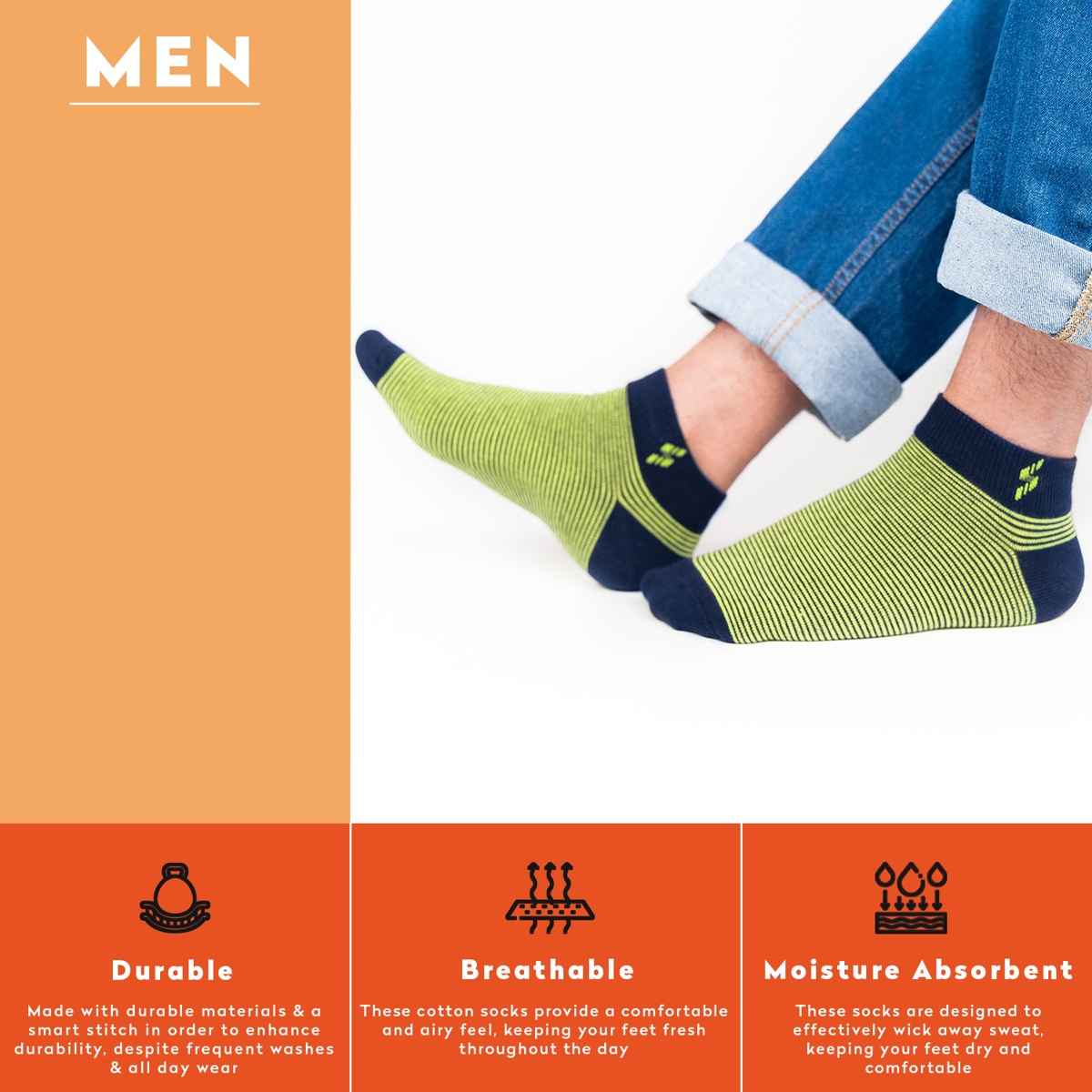 Supersox Men's Striped Combed Cotton Ankle Socks | Multicolour - Free Size