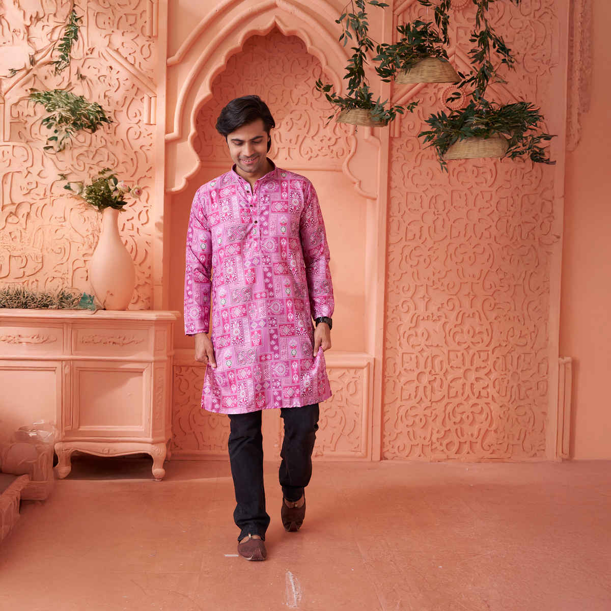 House Of Festivals Men's Printed Cotton Blend Long Kurta | Purple - M