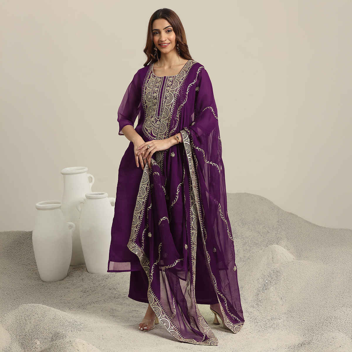 Libas Yoke Design Organza Straight Suit Set With Dupatta | 99366H | Burgundy - L