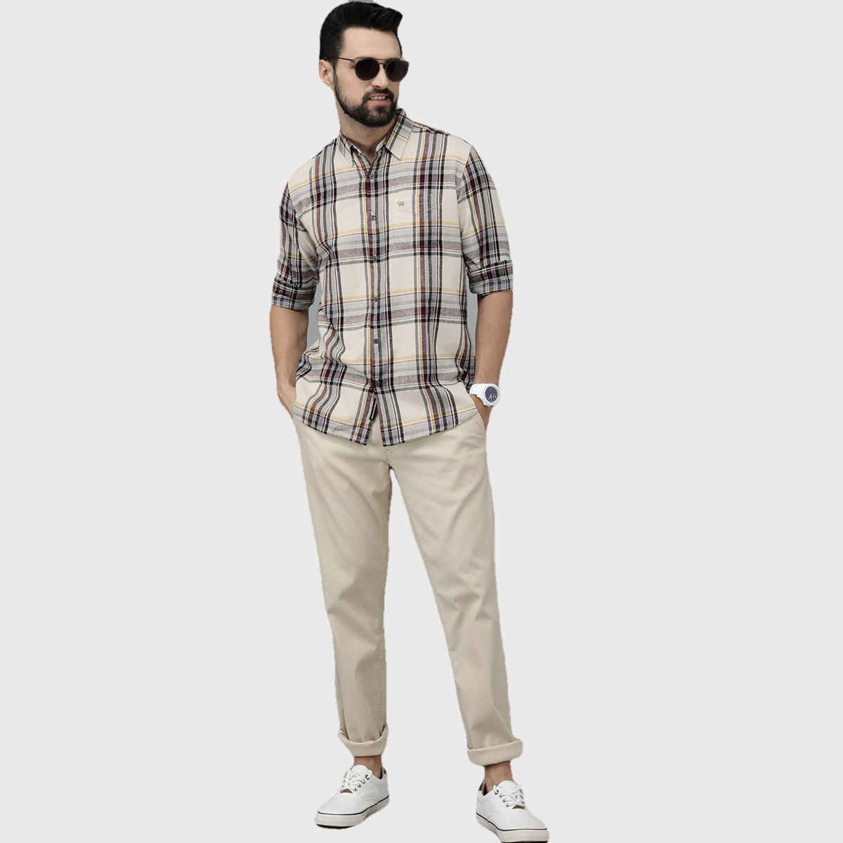 The Bear House Men Slim Fit Checked Flannel Cotton Casual Shirt - Fresia | White and Purple | M