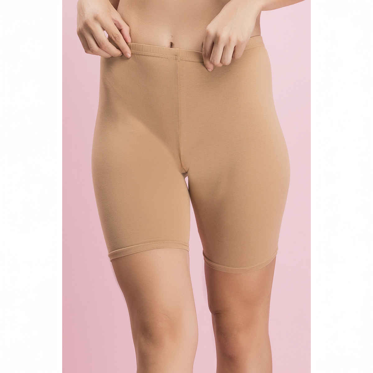 Clovia Cotton Mid Waist Cycling Shorts With Inner Elastic | Nude | L