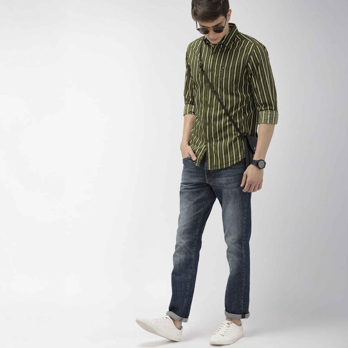 The Indian Garage Co Men's Slim Fit Multi Stripes Casual Shirt | Olive - 2XL