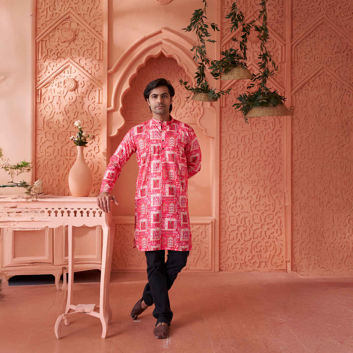 House Of Festivals Men's Printed Cotton Blend Long Kurta | Pink -XL