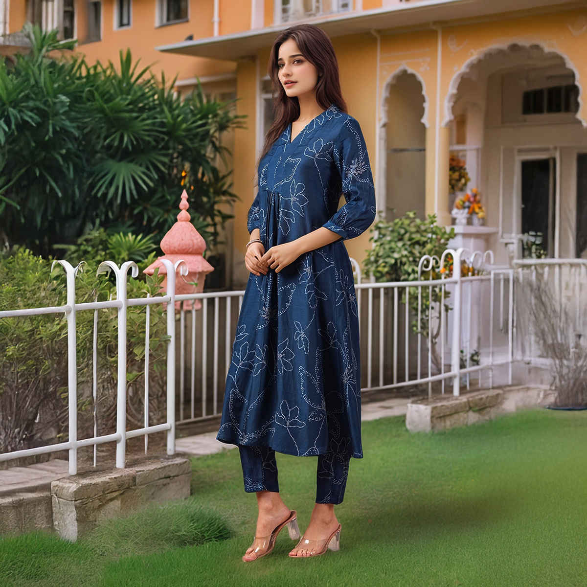 GoSriKi Women's Viscose Rayon Anarkali Printed Kurta with Pant | MARUP | Blue - XL