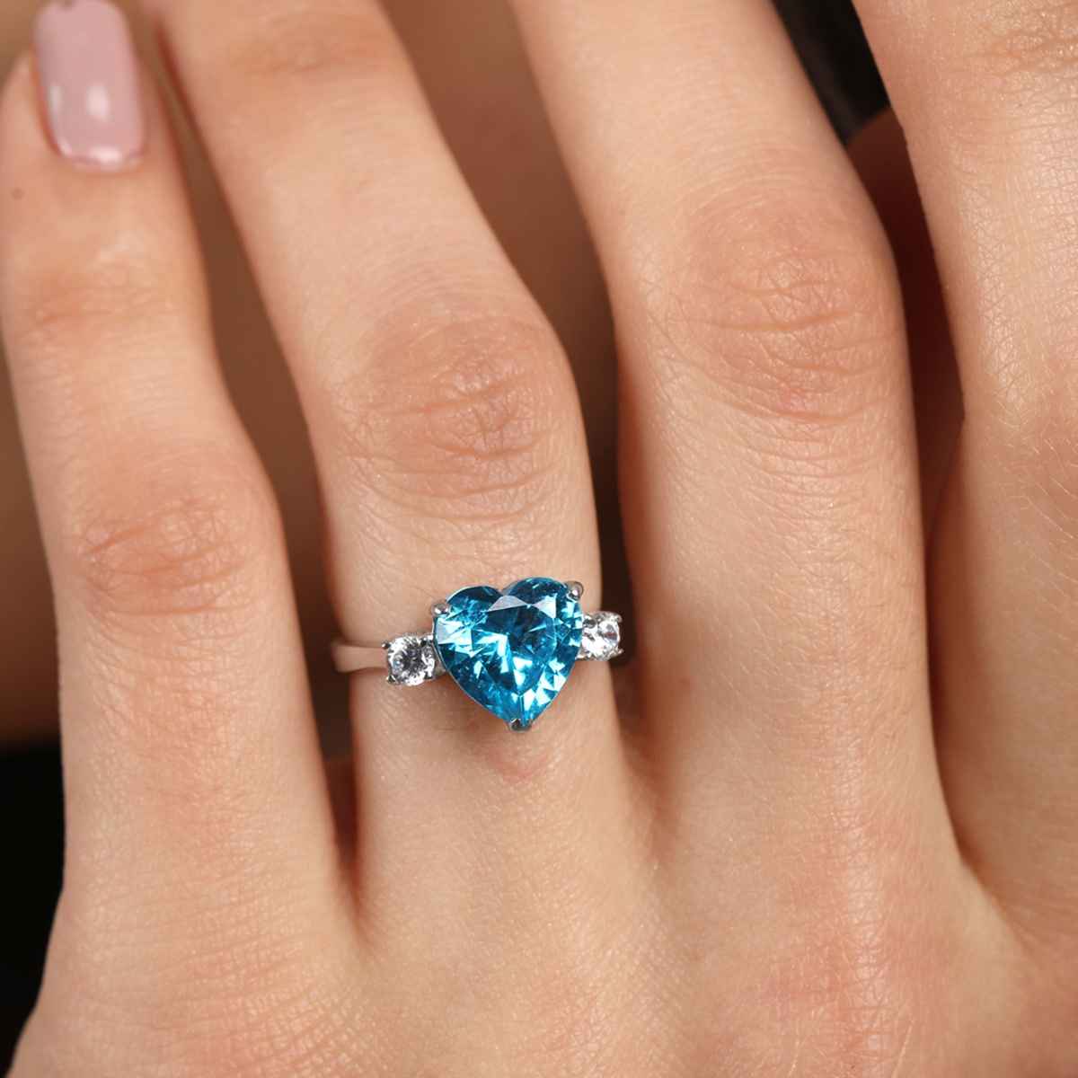 Clara 925 Sterling Silver Sky Blue Heart Ring | Adjustable Band | Rhodium Plated | Swiss Zirconia