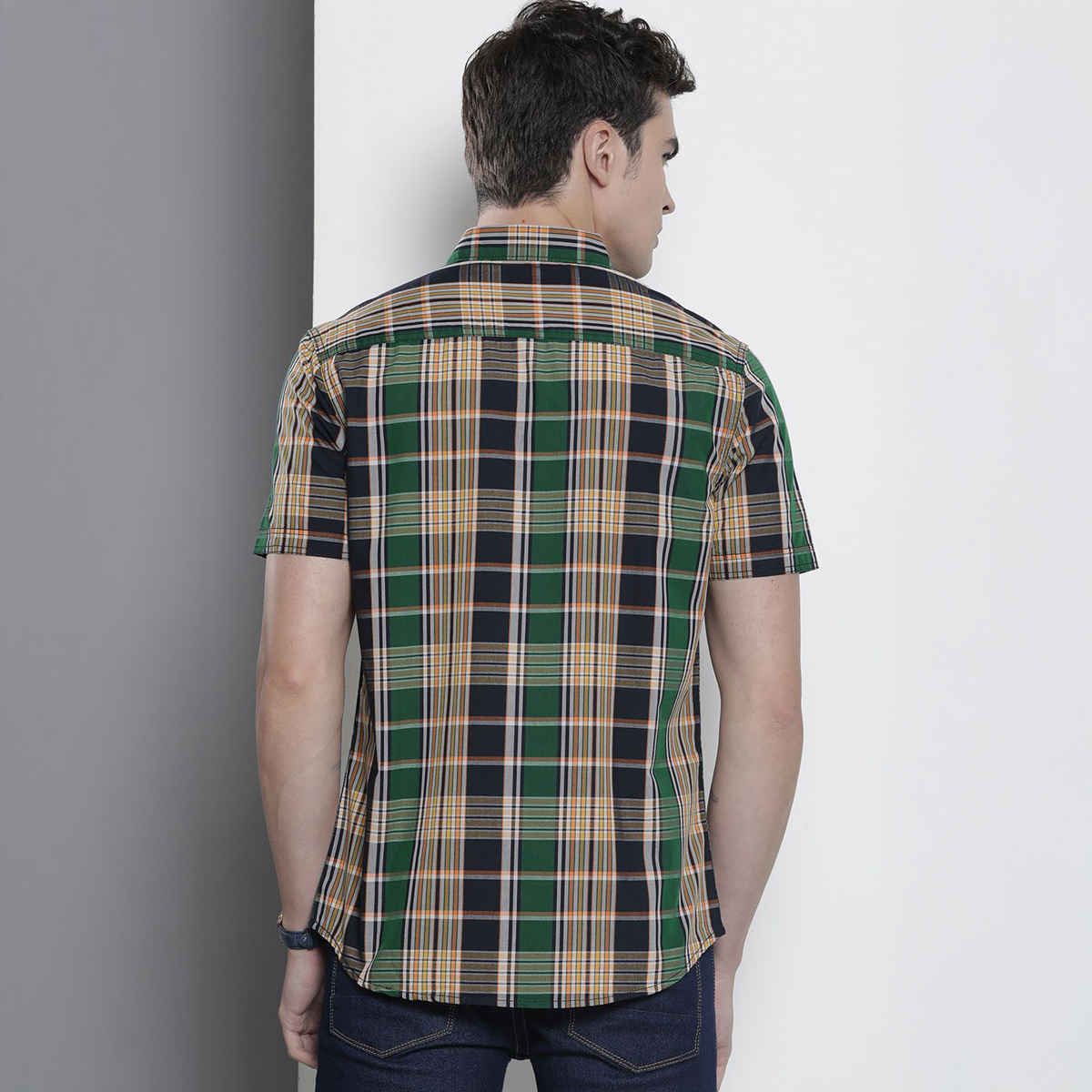 The Indian Garage Co Men's Slim Fit Checkered Casual Half Sleeve Shirt | Navy Blue - L