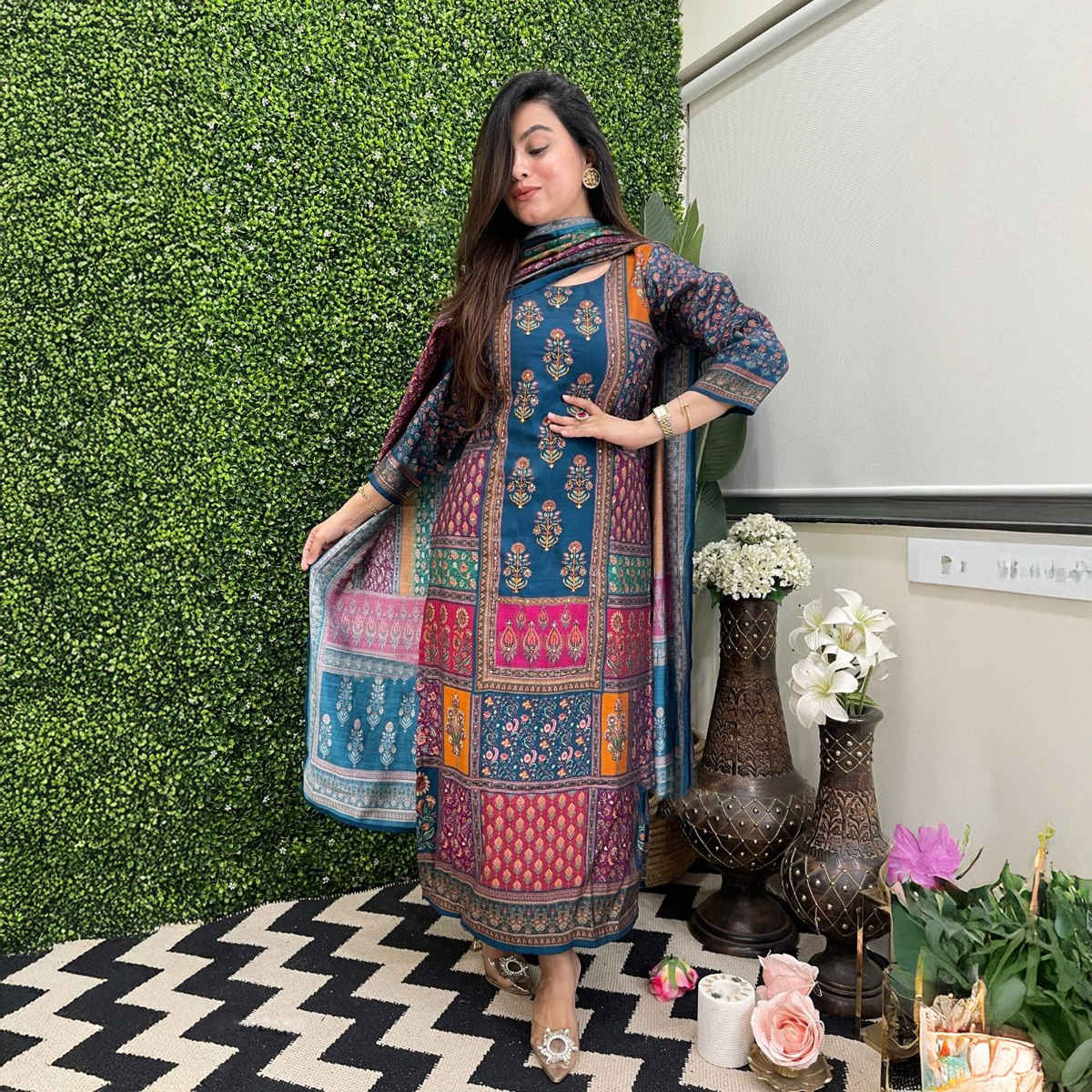 GoSriKi Women's Rayon Blend Straight Printed Kurta with Pant & Dupatta | SULA | Multi - S