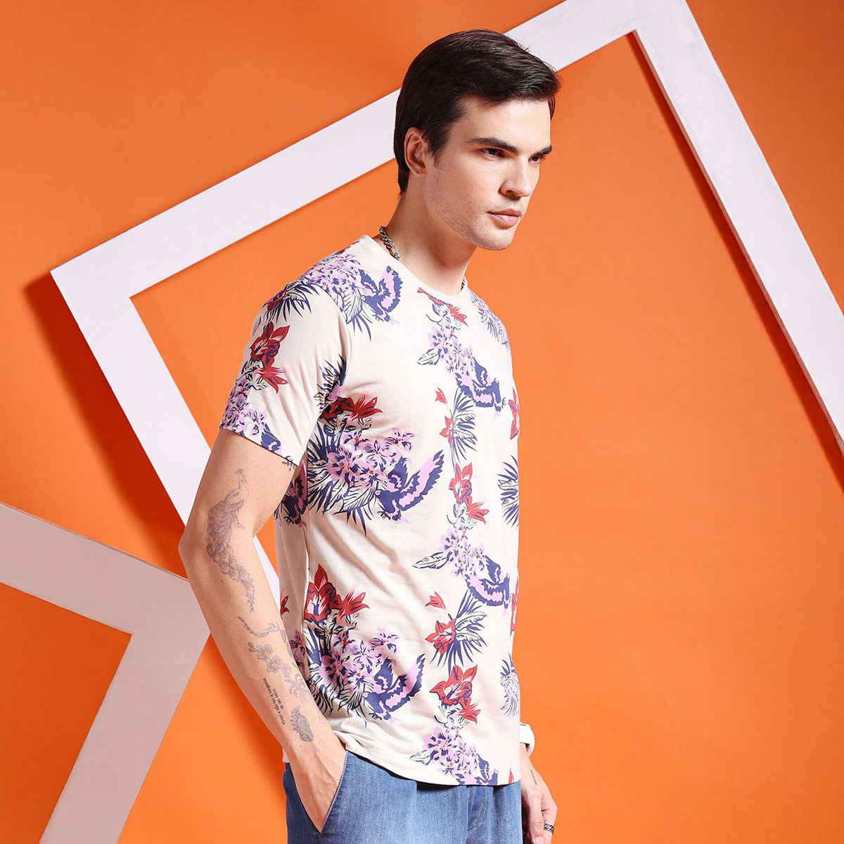 The Indian Garage Co Men Casual Regular Fit Beige Tropical T-shirt - M | 1121-Btee-156-2