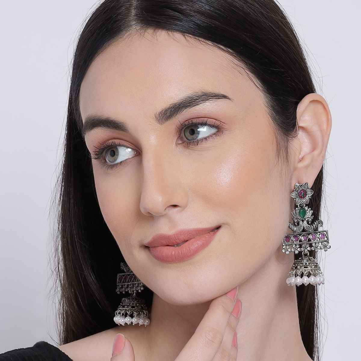 Aatmana Pink & Green Oxidised Silver-Plated German Silver Stone Studded & Beaded Jhumkas