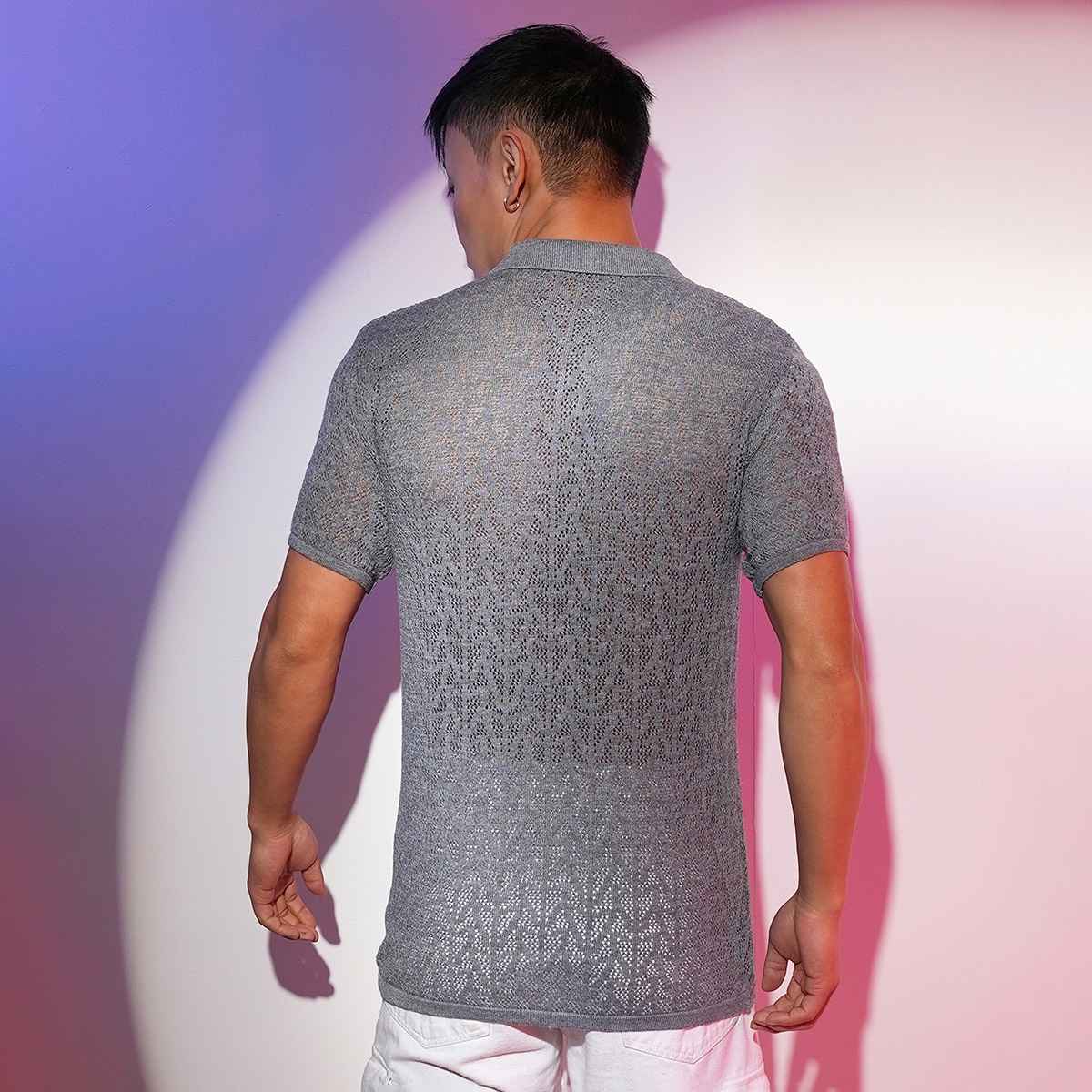 Campus Sutra Men's Abstract - Textured Polo T-shirt | Grey - L