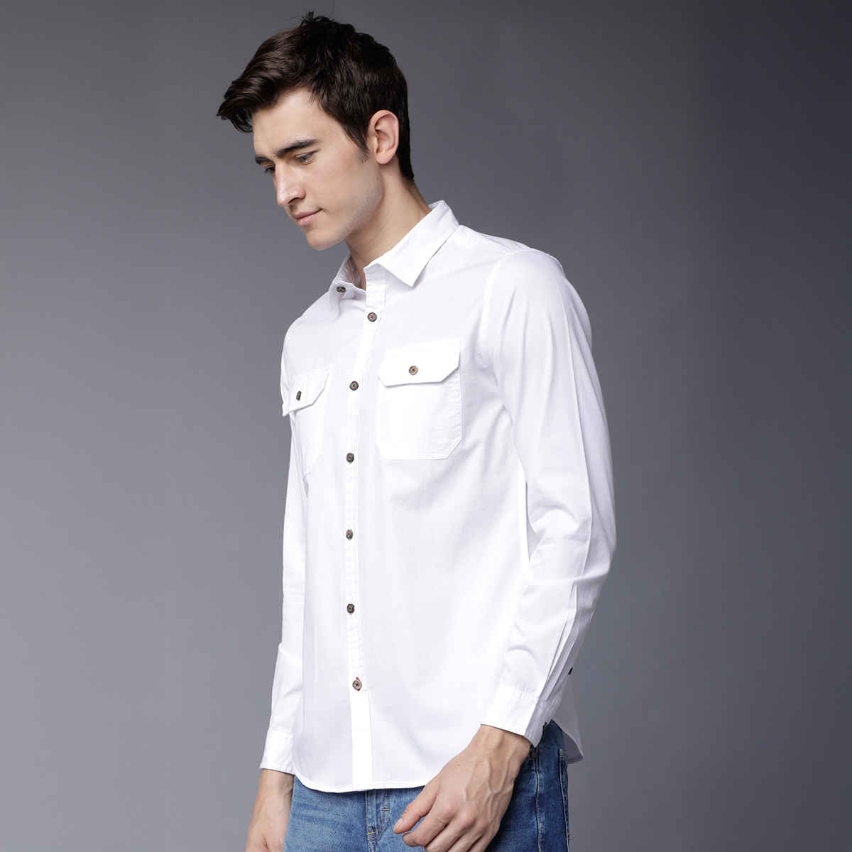 Highlander Men's Slim Fit Solid Casual Shirt | White - M
