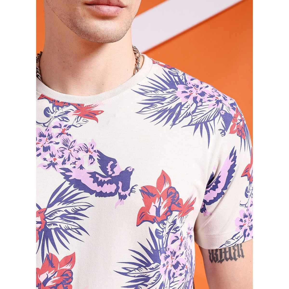 The Indian Garage Co Men Casual Regular Fit Beige Tropical T-shirt - M | 1121-Btee-156-2