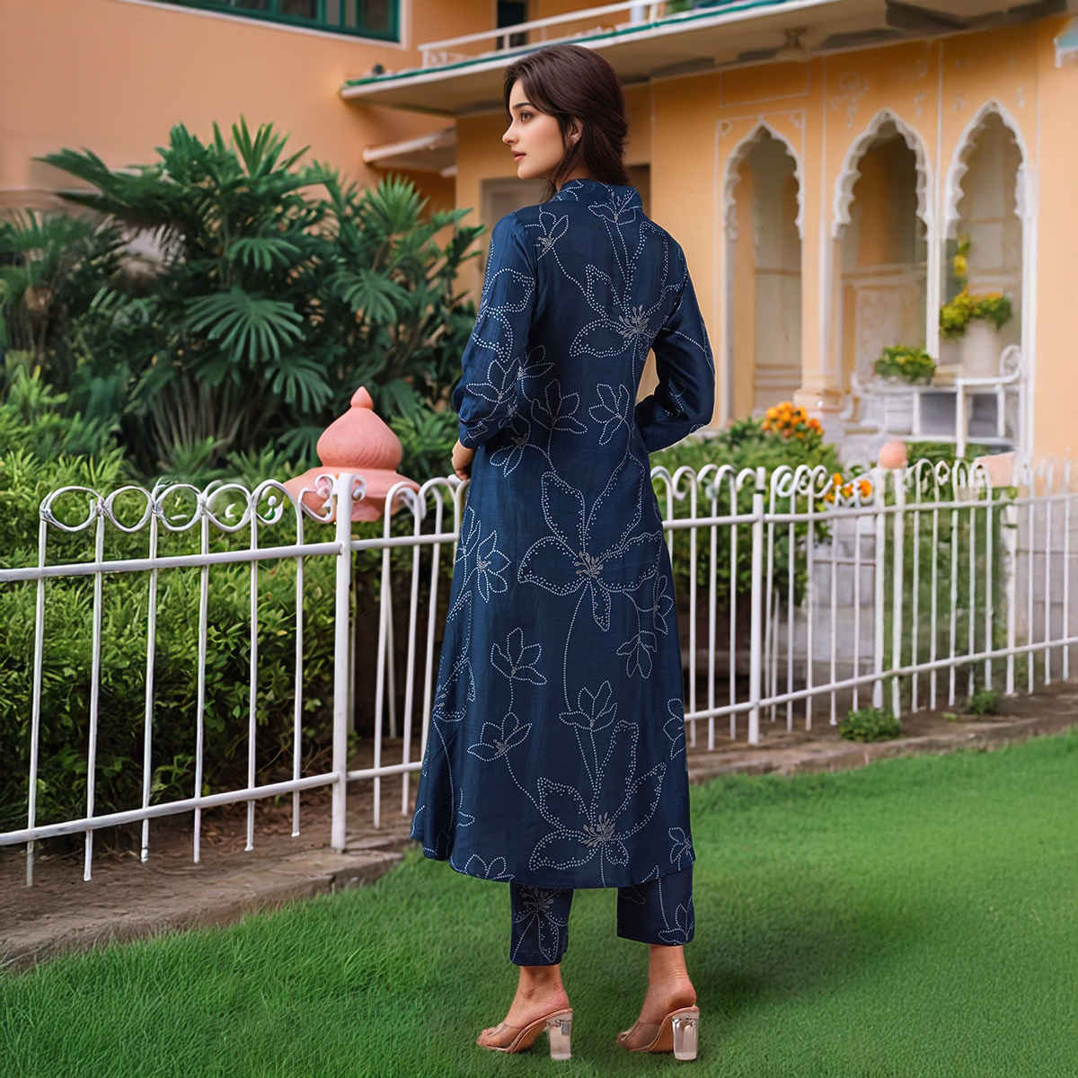 GoSriKi Women's Viscose Rayon Anarkali Printed Kurta with Pant | MARUP | Blue - M