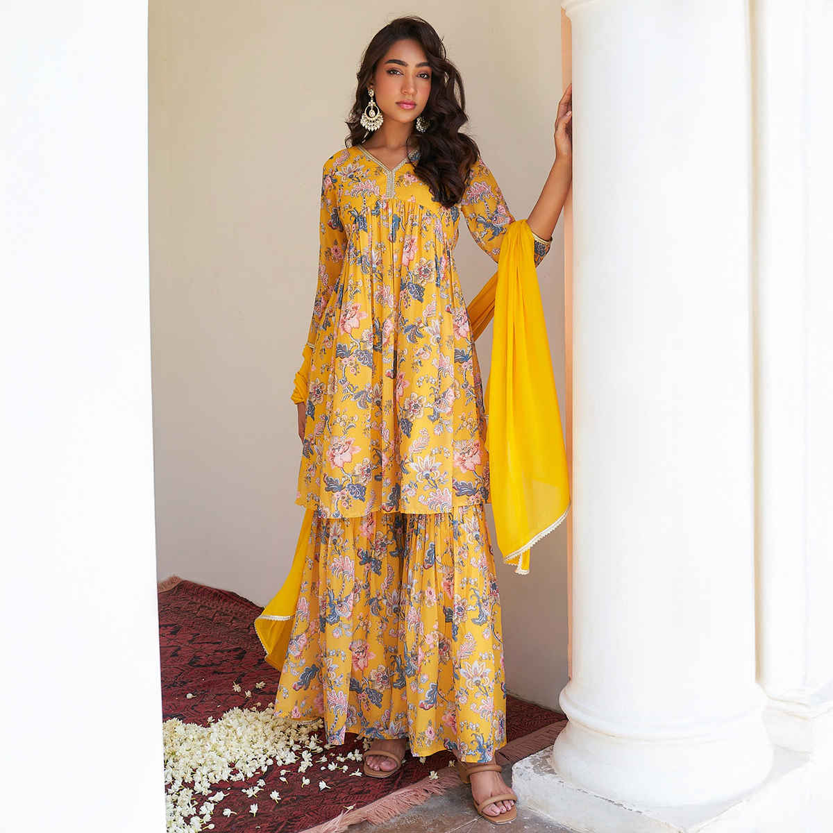 Janasya Women's Yellow Georgette Digital Floral Printed Kurta with Sharara and Dupatta | XL