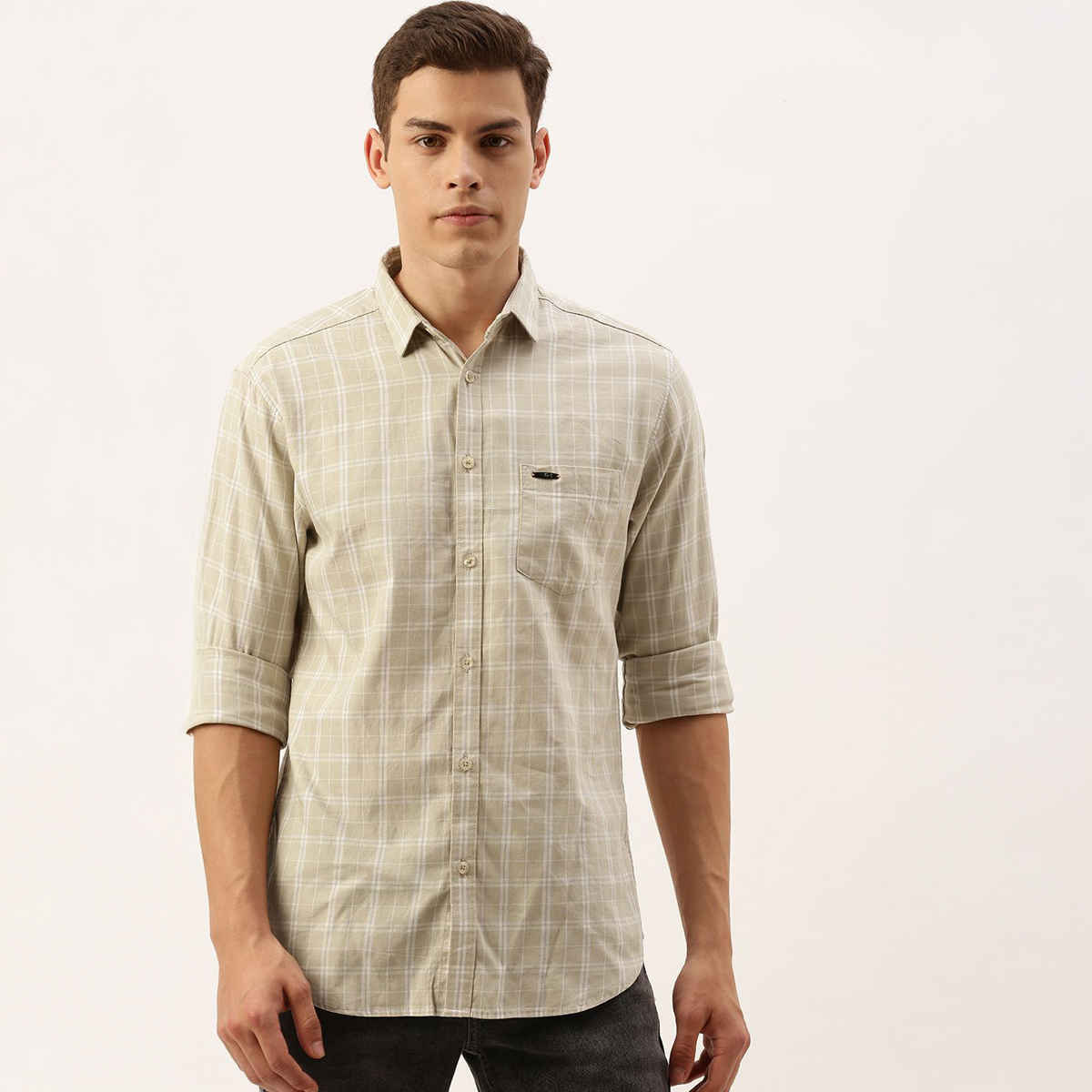 The Indian Garage Co Men's Slim Fit Checkered Casual Shirt | Beige - M