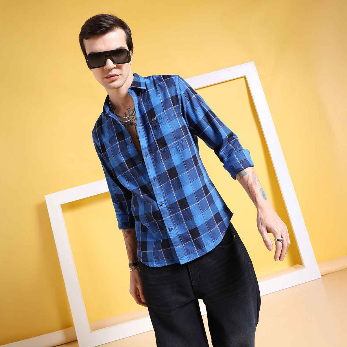 The Indian Garage Co Men's Slim Fit Checkered Casual Shirt | Blue - S
