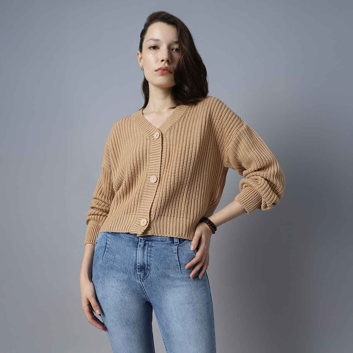 High Star Women's Sand Ribbed V-Neck Long Sleeves Acrylic Cardigan Sweaters | M