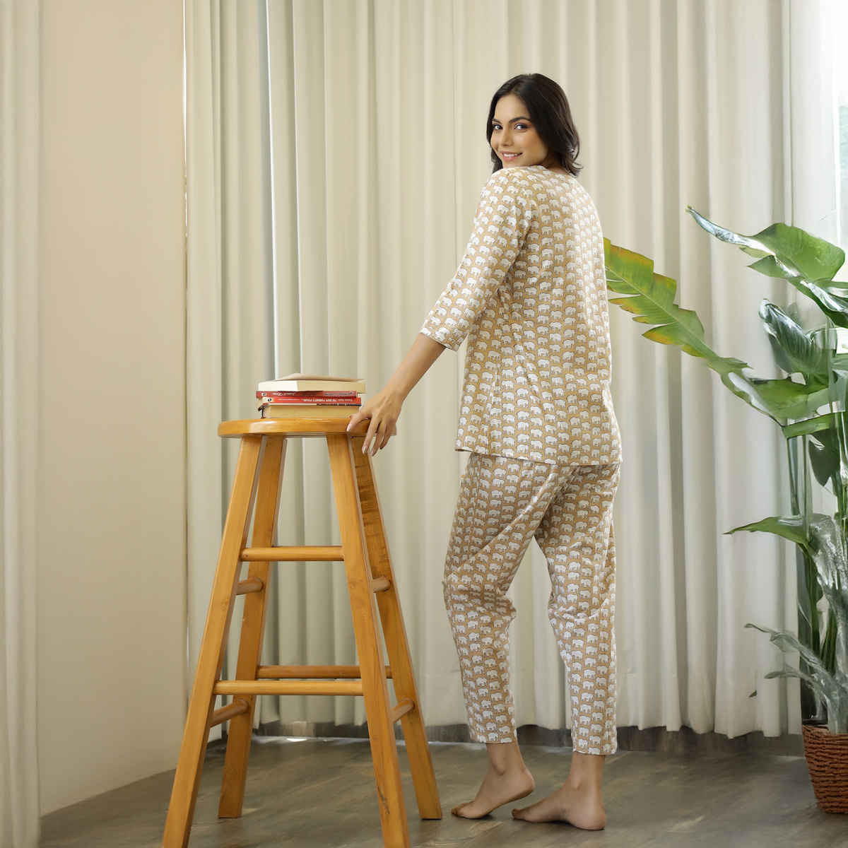 Sanskrutihomes Women's Printed Pure Cotton Night Suit | Beige - S