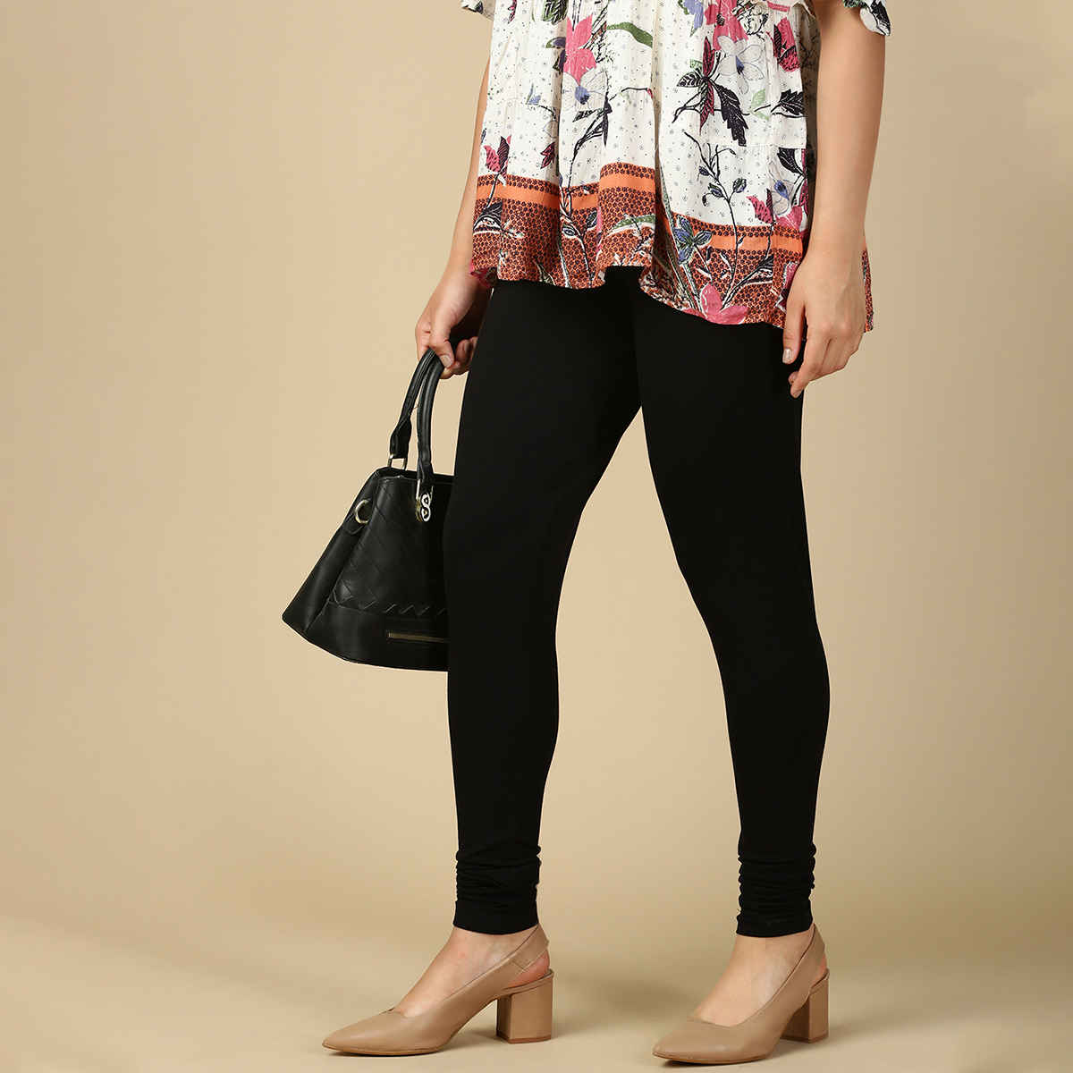 PYNK By Lux Cozi Women Ultra Soft 360 Stretch Premium Cotton Churidar Leggings | Black | Free Size