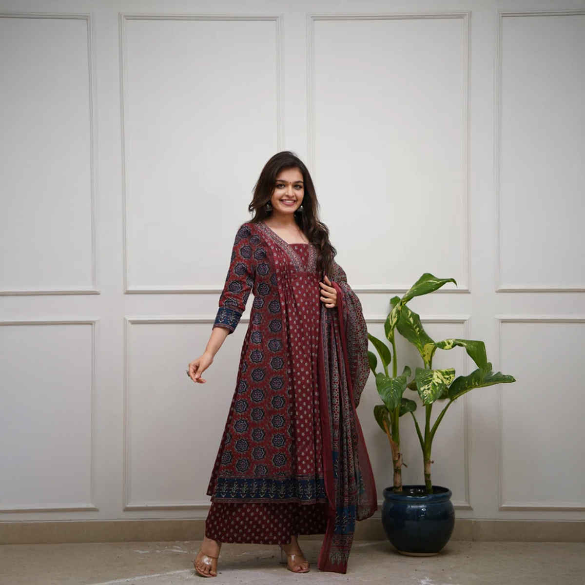 GoSriKi Women's Viscose Rayon Anarkali Printed Kurta with Pant & Dupatta | NAKULA | Wine - S