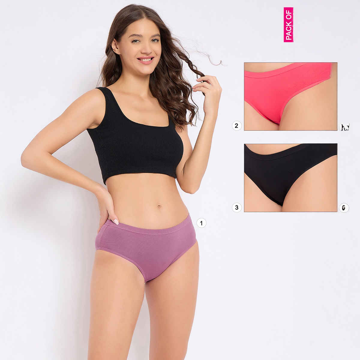 Clovia Women's Cotton Spandex Medium Waist Inner Elastic Hipster Panty - Pink, Purple, Black | M