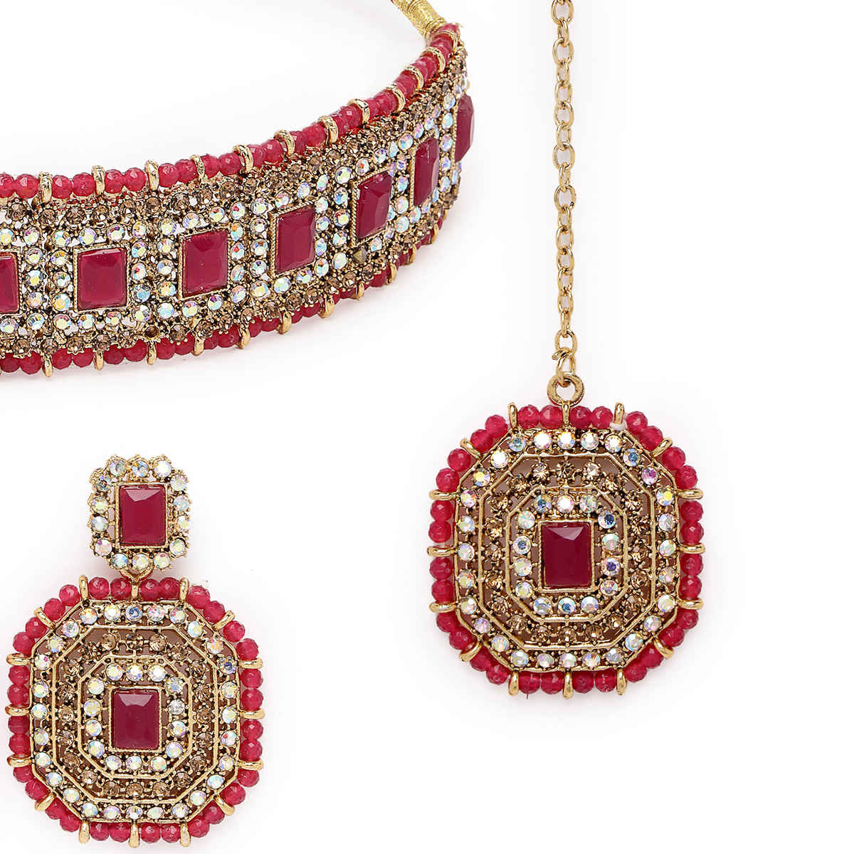 Sukkhi Inspiring Gold Plated Rani Pink Kundan & Beads Studded Collar Necklace Set