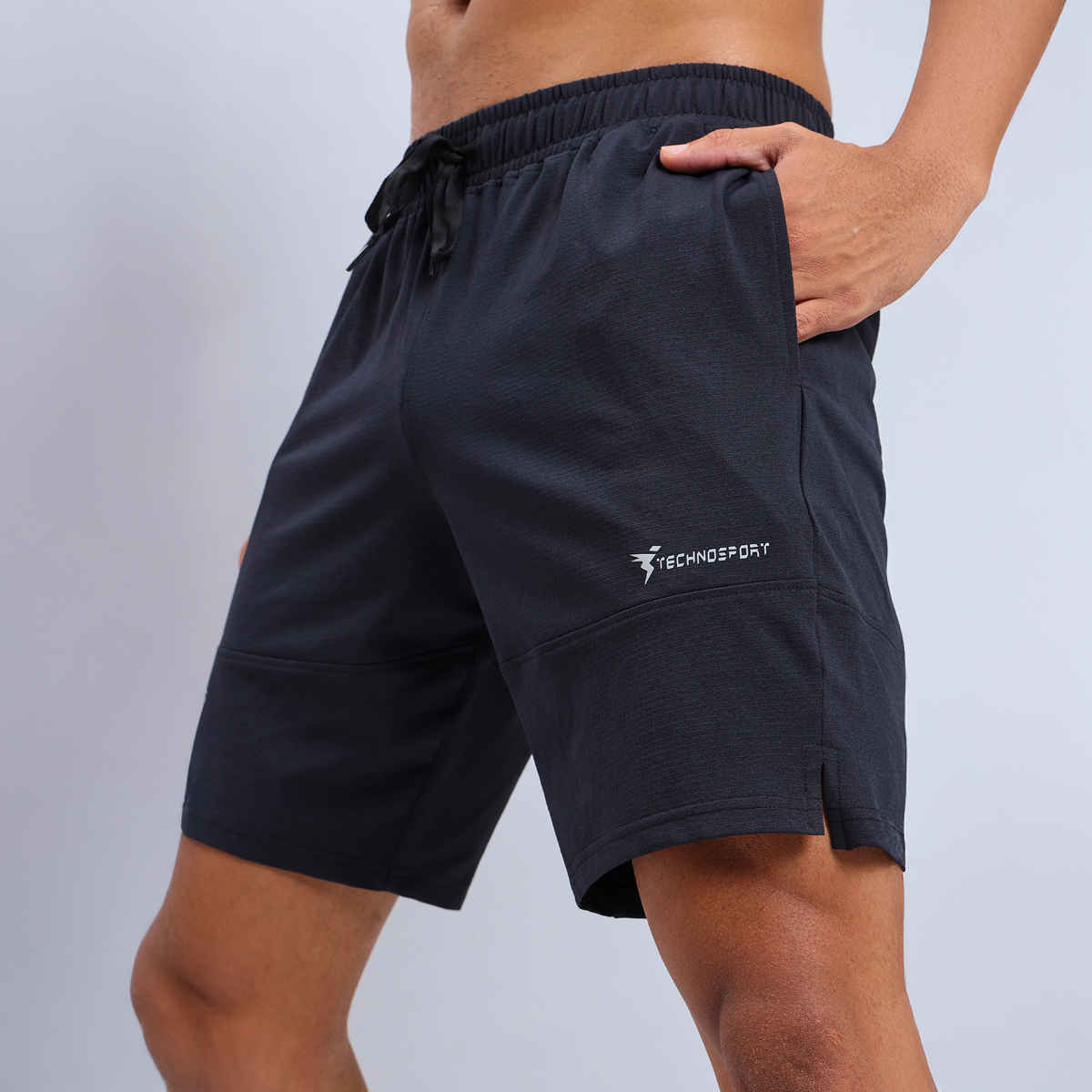 Technosport Men Poly Solid Relax Fit Sports Shorts with ELASTO LITE | Black | XXL