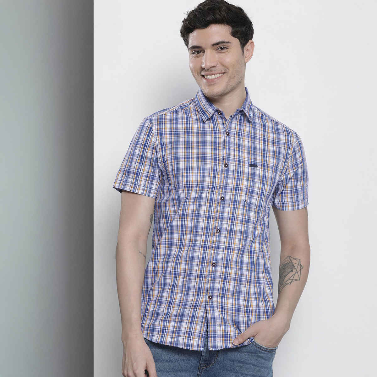 The Indian Garage Co Men's Slim Fit Checked Casual | Blue | XL