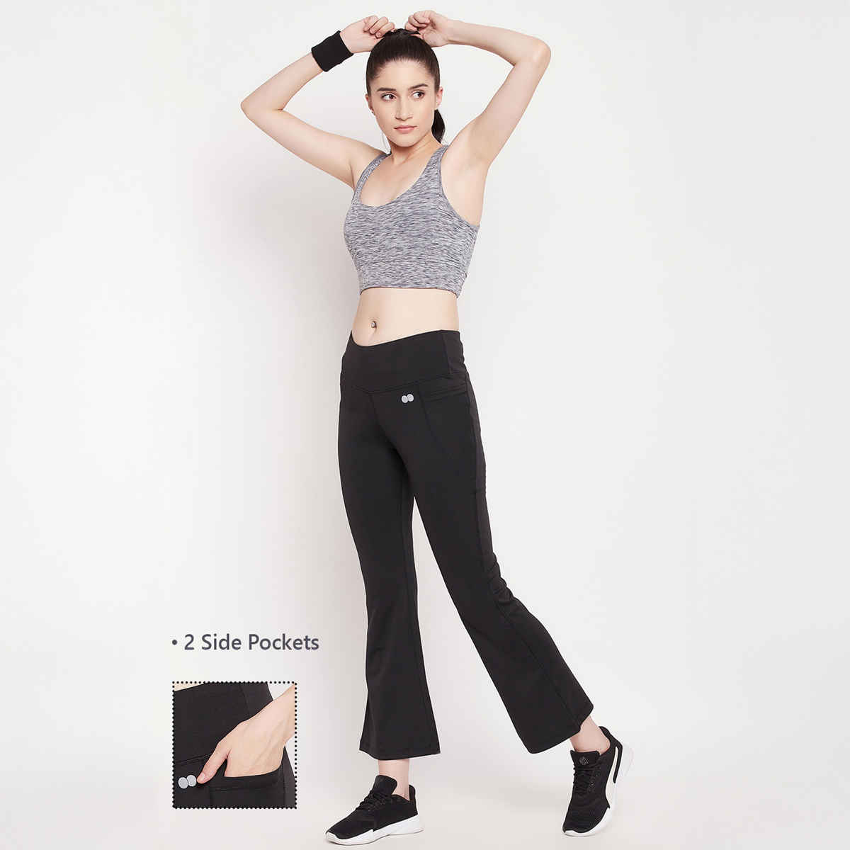 Clovia Women's Flared Yoga Pants - Black | High Waist | With Side Pockets | M