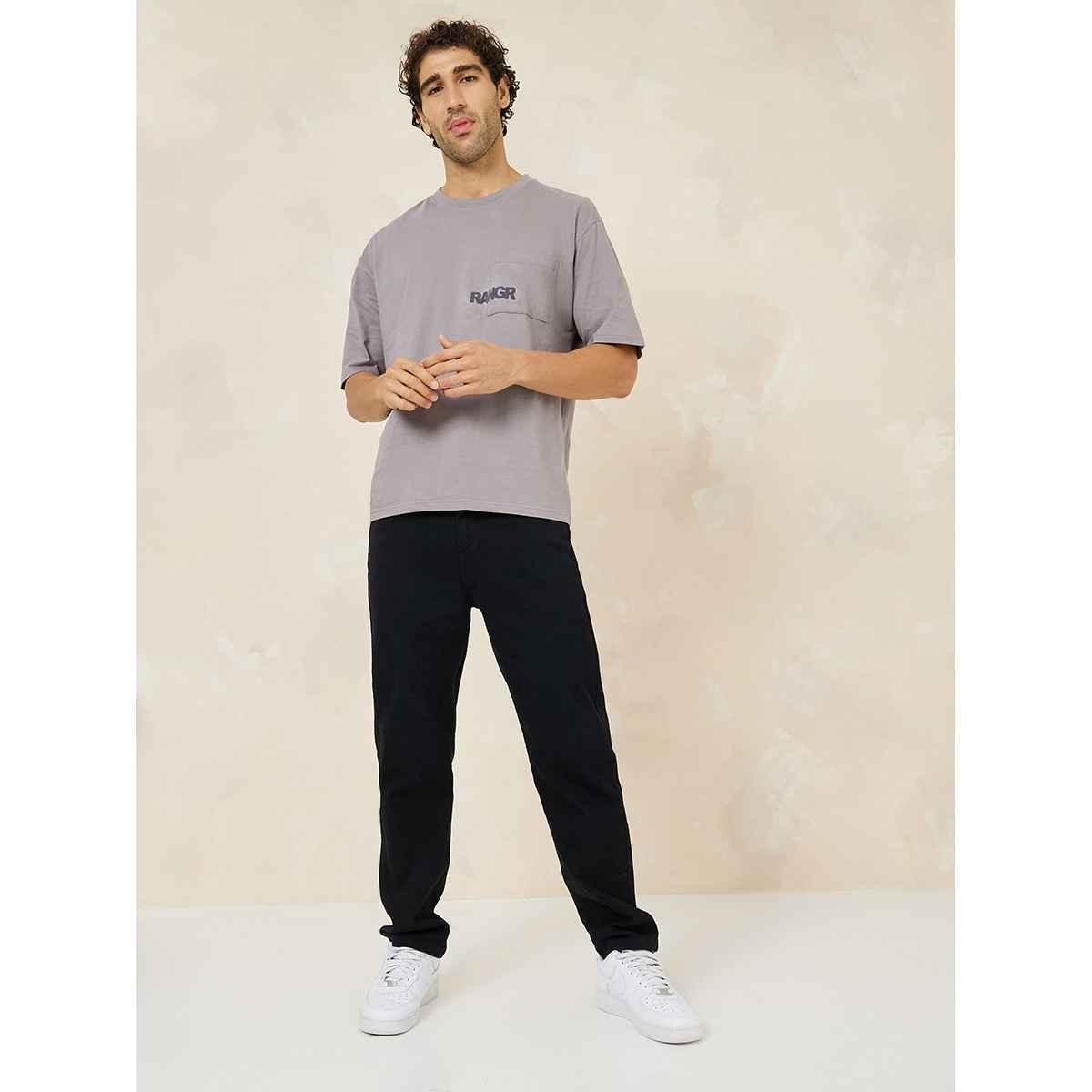 Styli Men's Oversized Fit Tee with Flock Print and Pocket | Grey - S