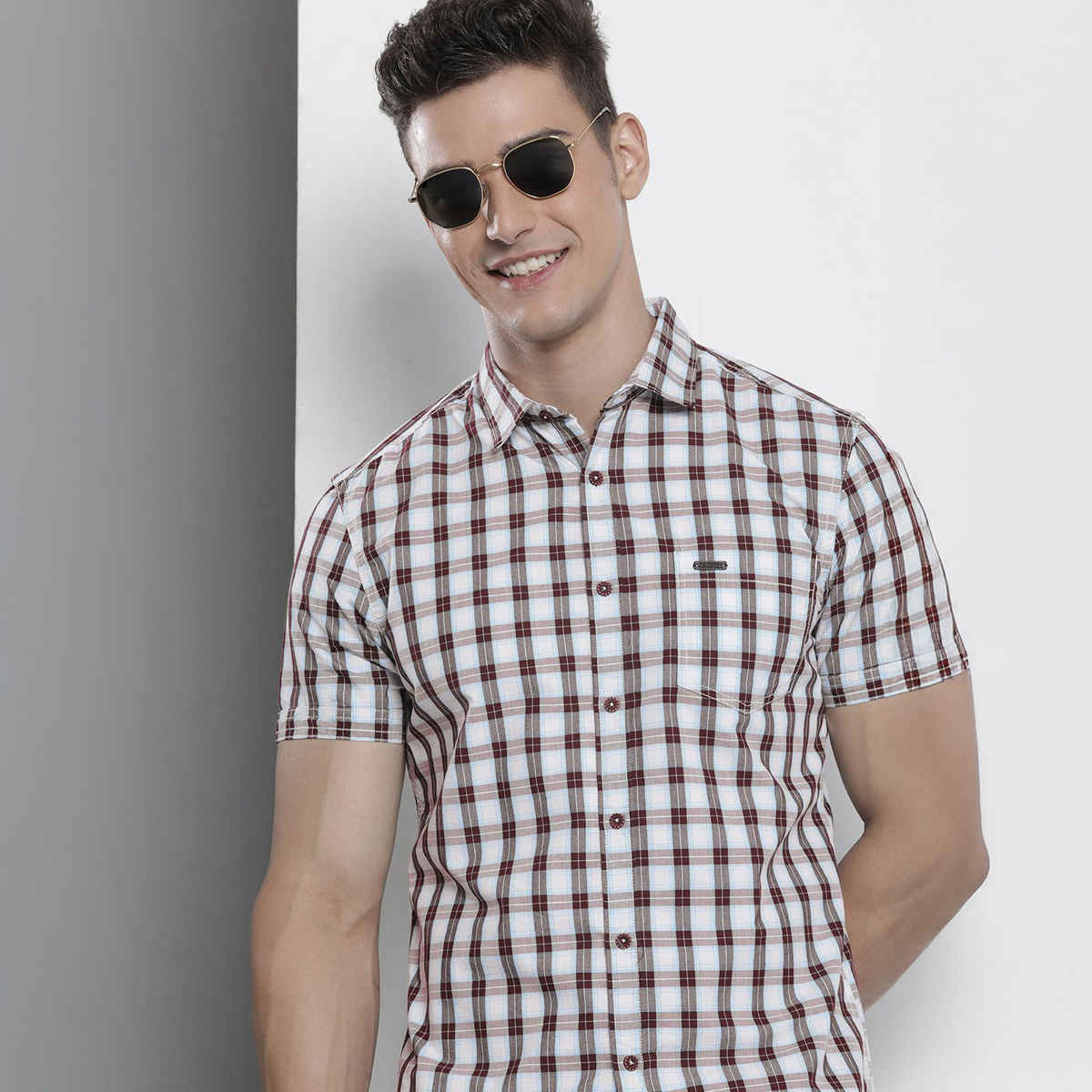 The Indian Garage Co Men's Slim Fit Checkered Casual Half Sleeve Shirt | Brown - M