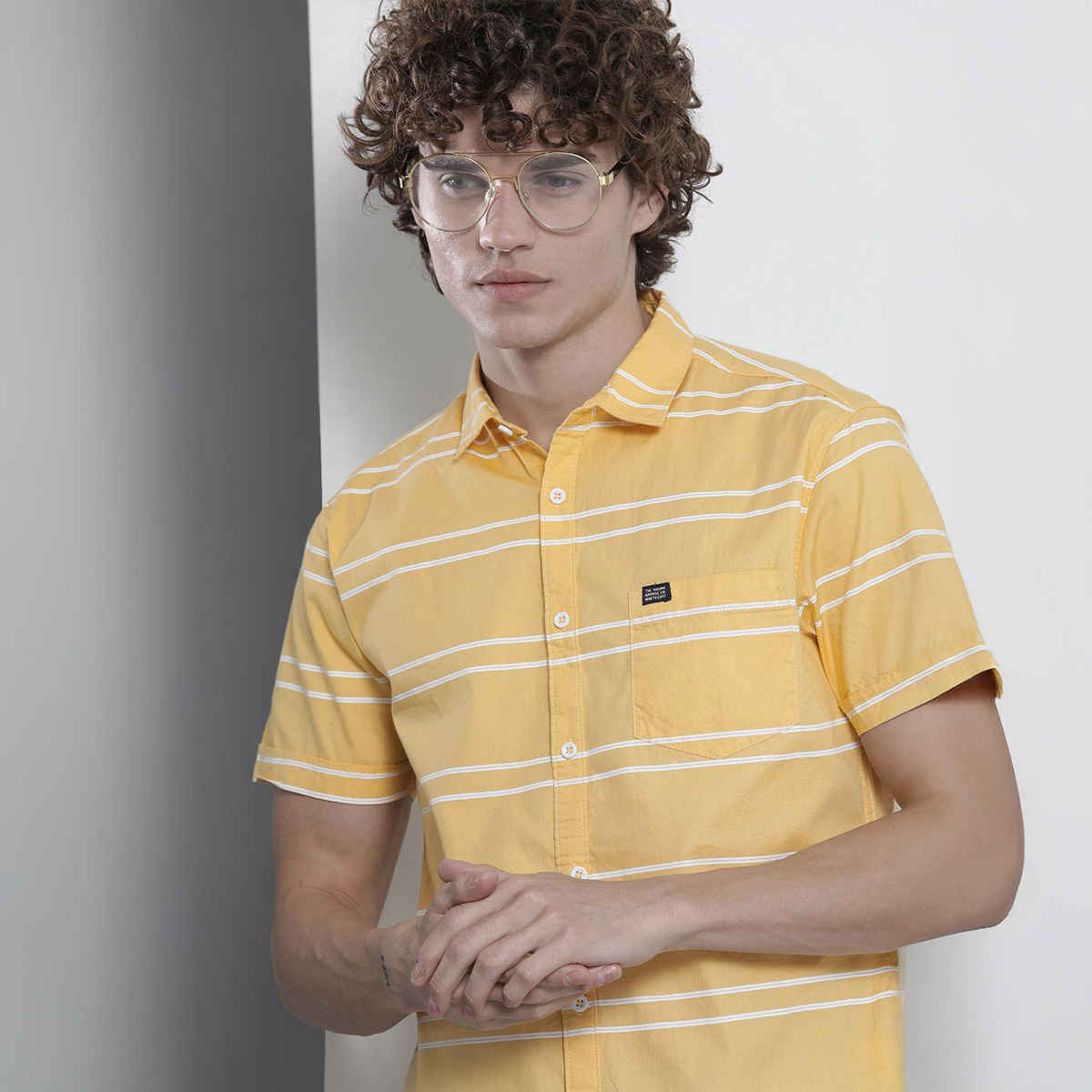 The Indian Garage Co Men's Slim Fit Striped Casual Half Sleeve Shirt | Yellow - M