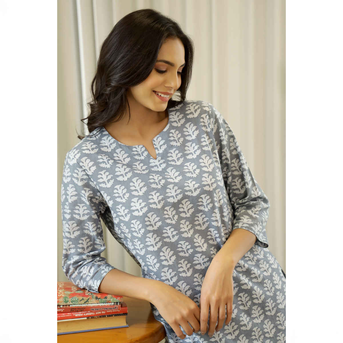 Sanskrutihomes Women's Printed Night Suit | Grey - XL