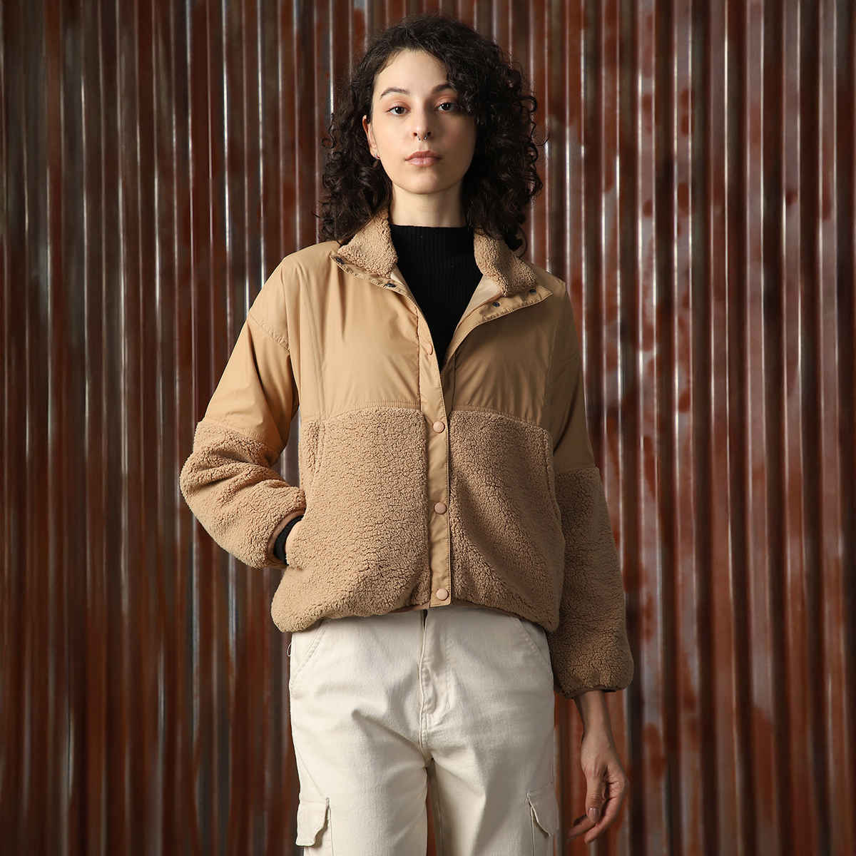 High Star Women's Self Design Hooded Front-Open Sweatshirt | Brown - S